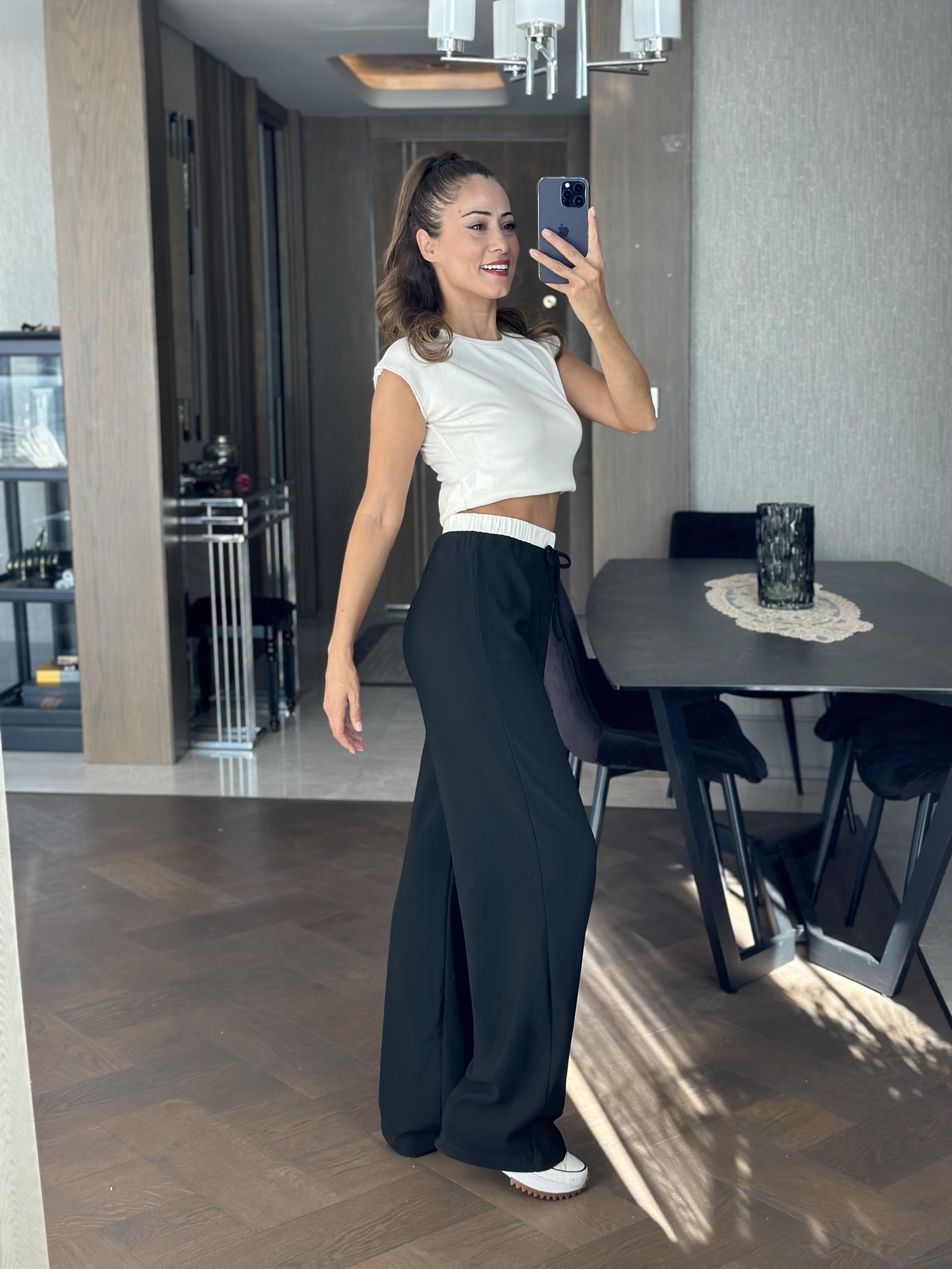 Siyah Kemeri Beyaz Lastikli Ottoman Kumaş Kadın Pantolon