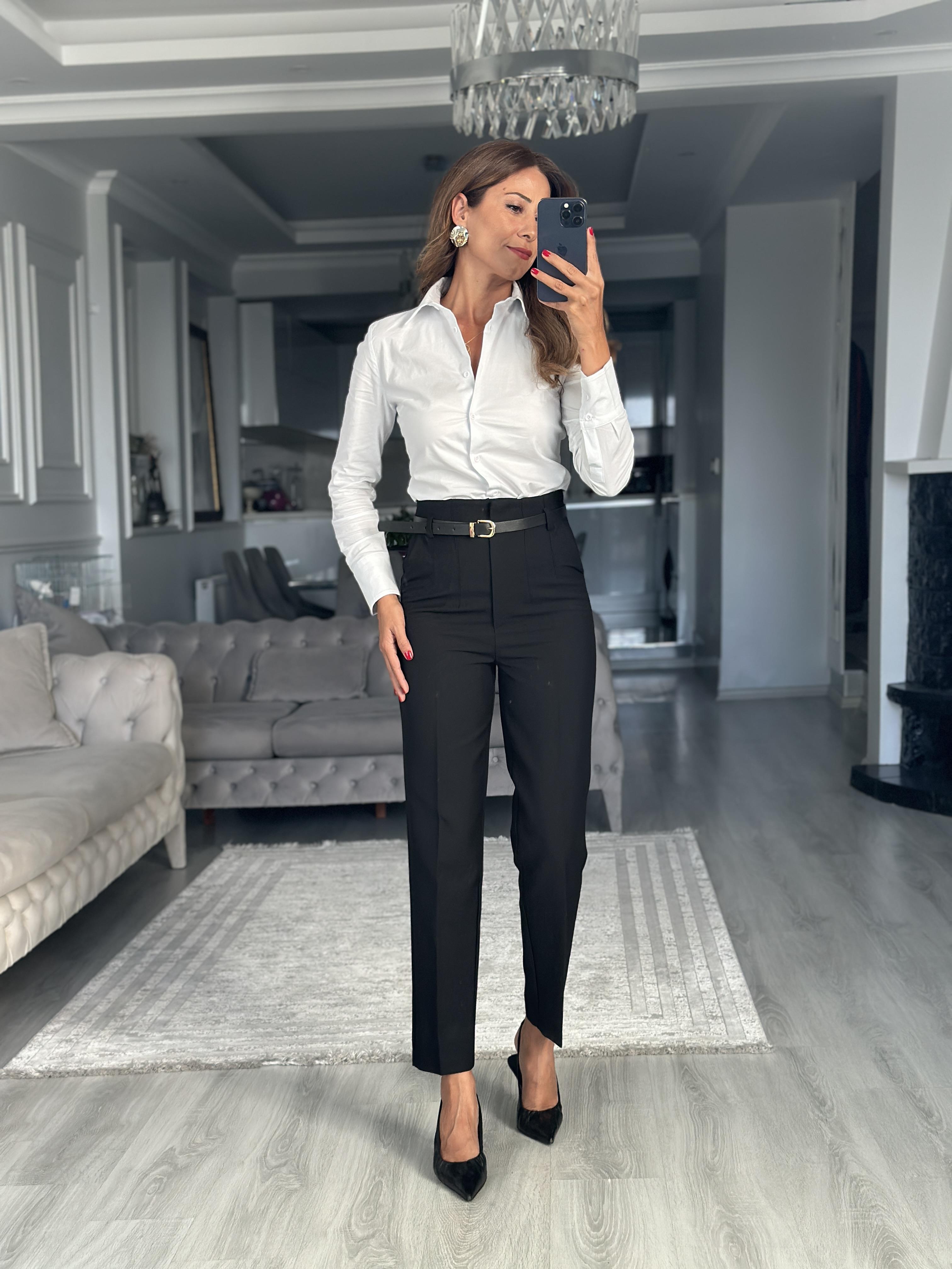 Siyah Kemerli Flatolu Kadın Kumaş Pantolon