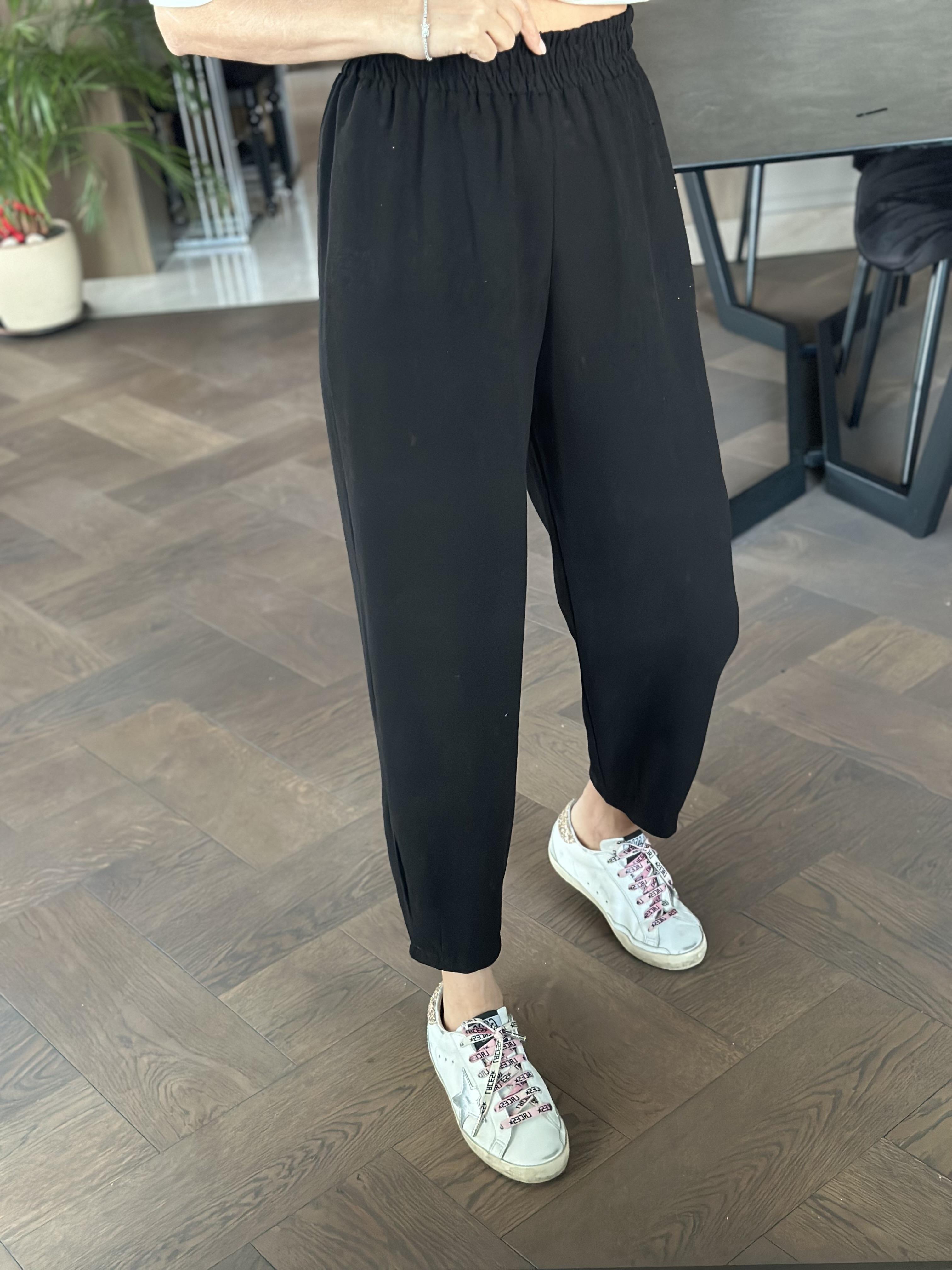 Siyah Keten Beli Lastikli Paçası Pensli Cepsiz Kadın Pantolon