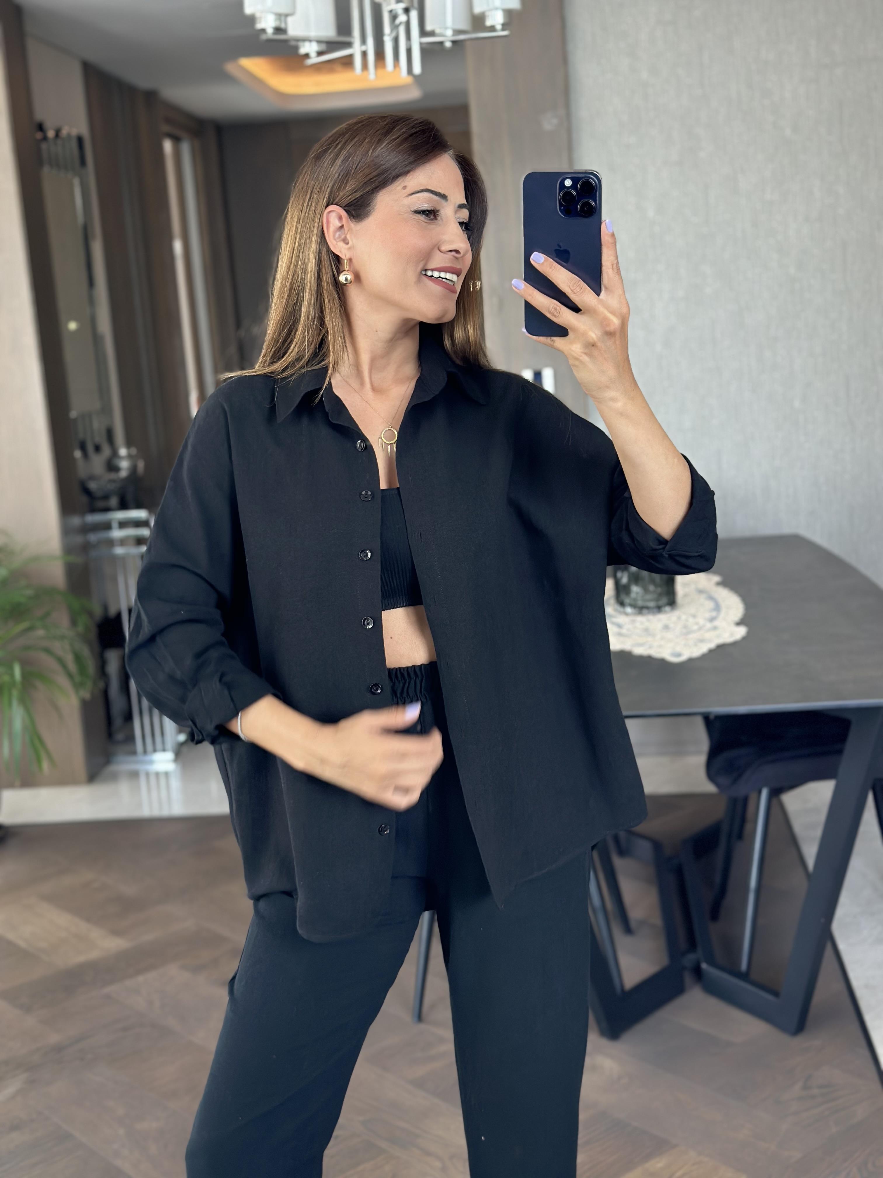 Siyah Keten Oversize Kadın Gömlek