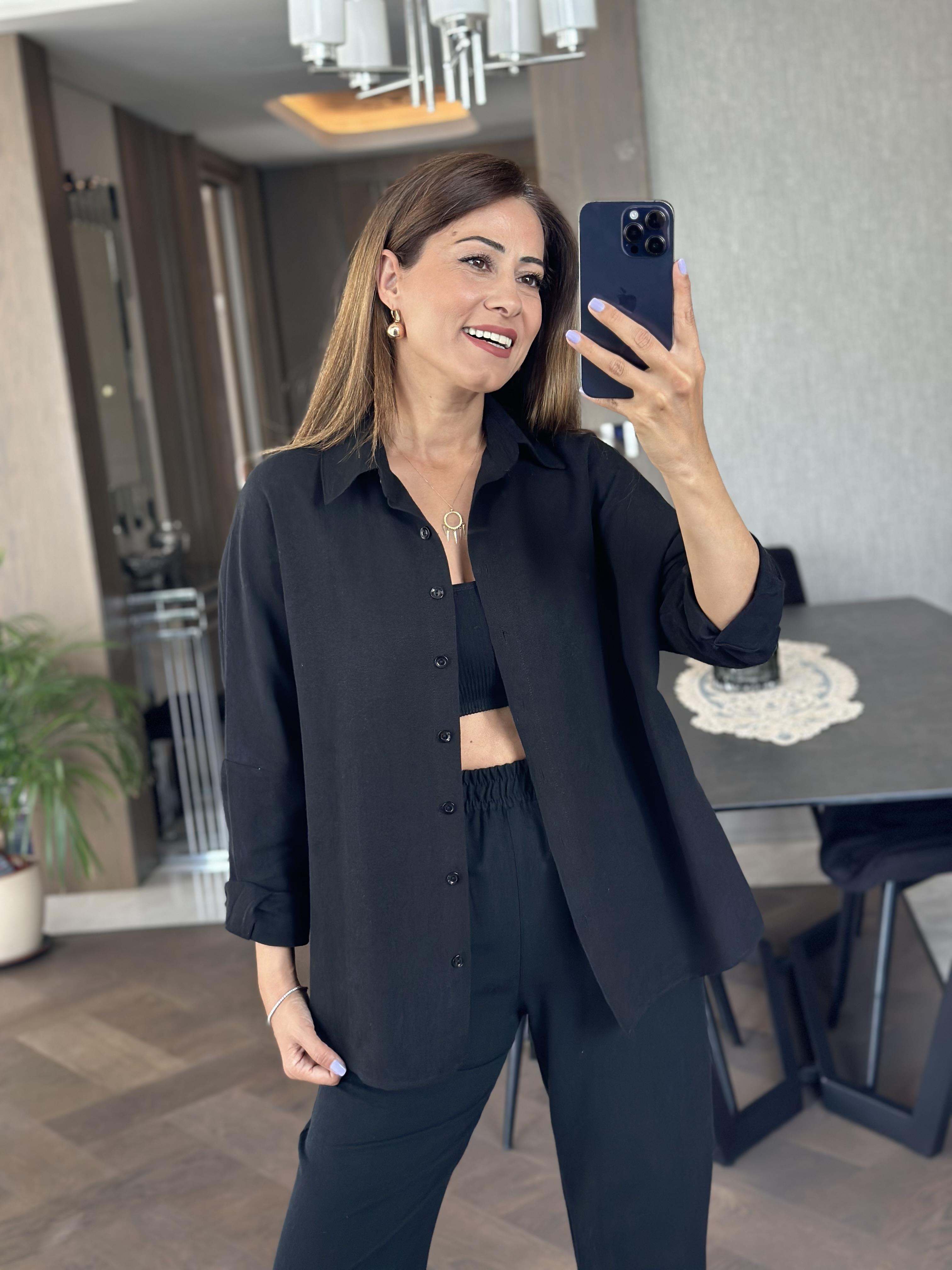 Siyah Keten Oversize Kadın Gömlek