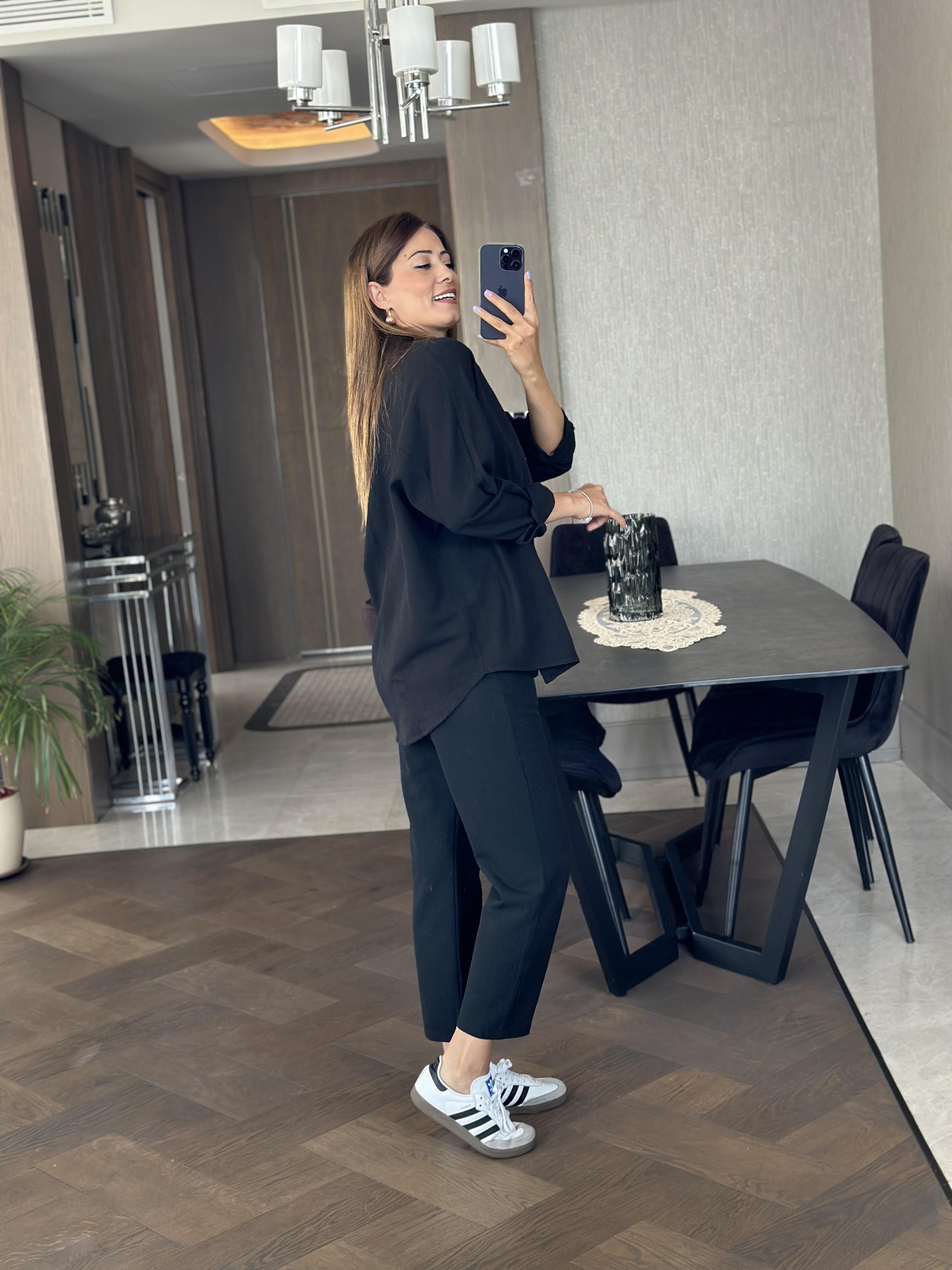 Siyah Keten Oversize Kadın Gömlek