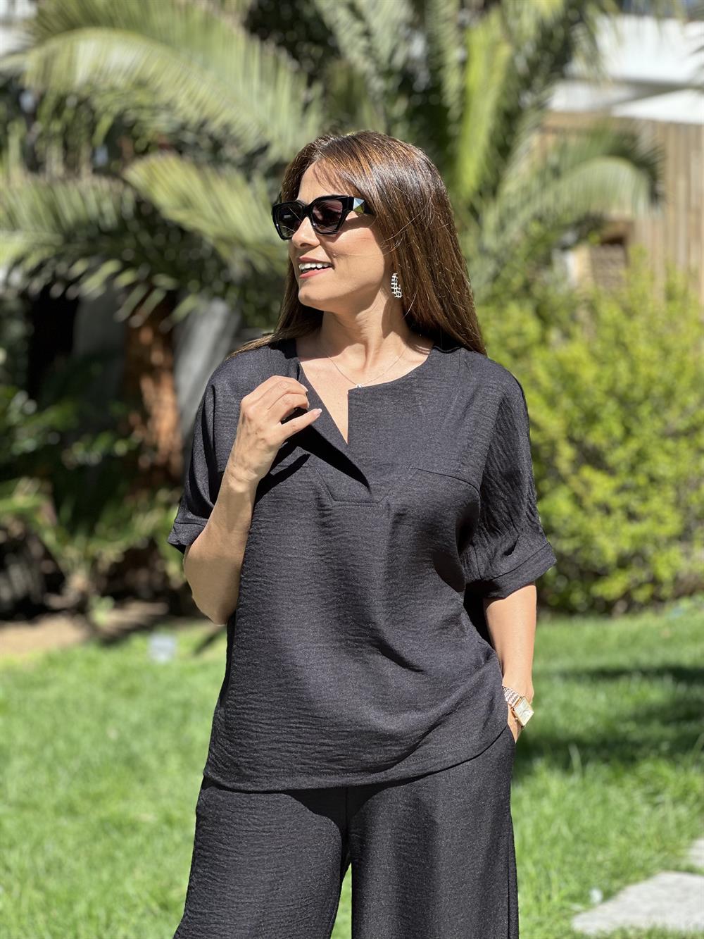 Siyah Kısa Kol Yaka V Detay Aerobin Kadın İkili Takım