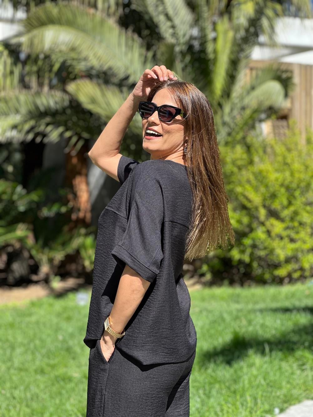 Siyah Kısa Kol Yaka V Detay Aerobin Kadın İkili Takım