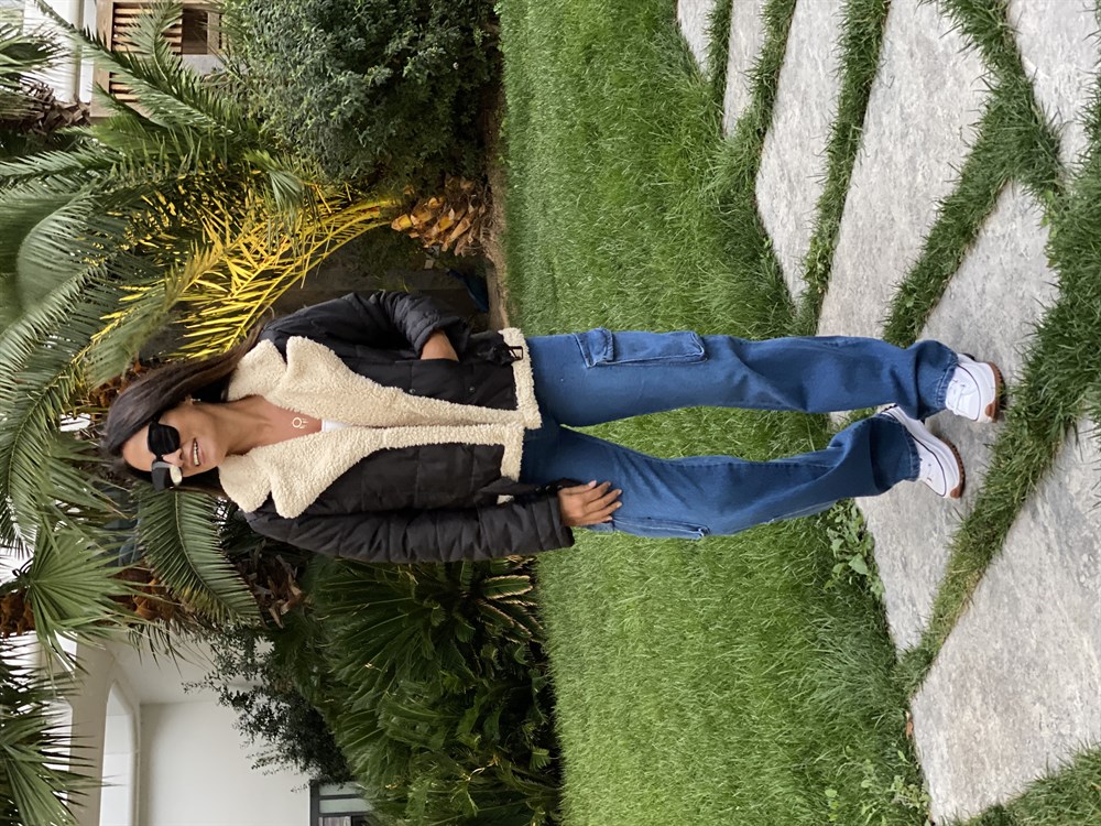 Siyah Kıvırcıklı Kapitone Kadın Mont