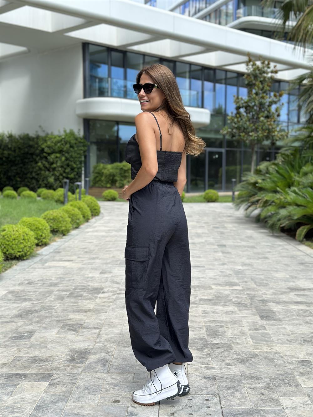 Siyah Klips Toka Kargo Cep Paraşüt Kadın Pantolon