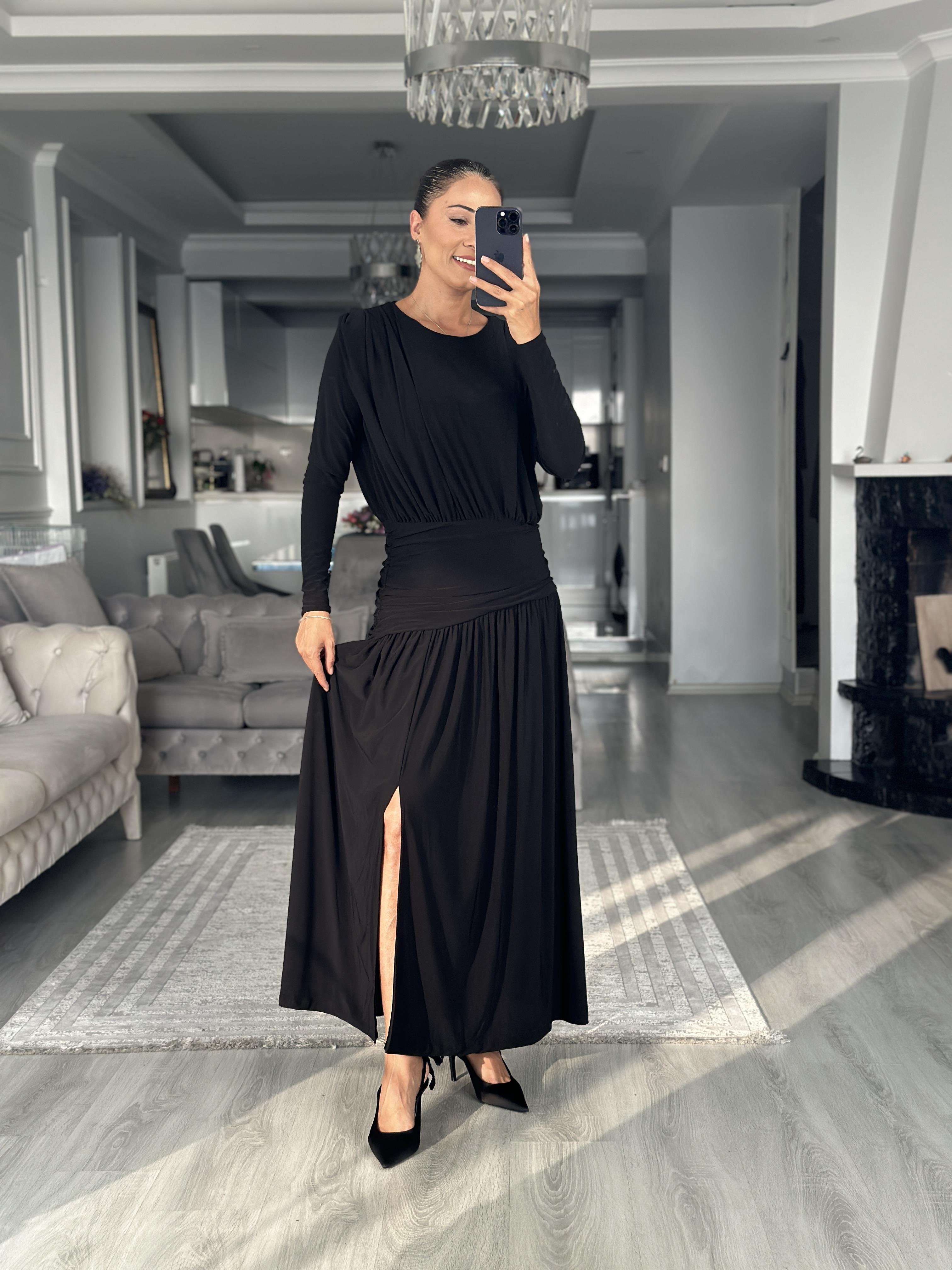 Siyah Korsajlı Sandy Kumaş Maksi Boy Kadın Elbise