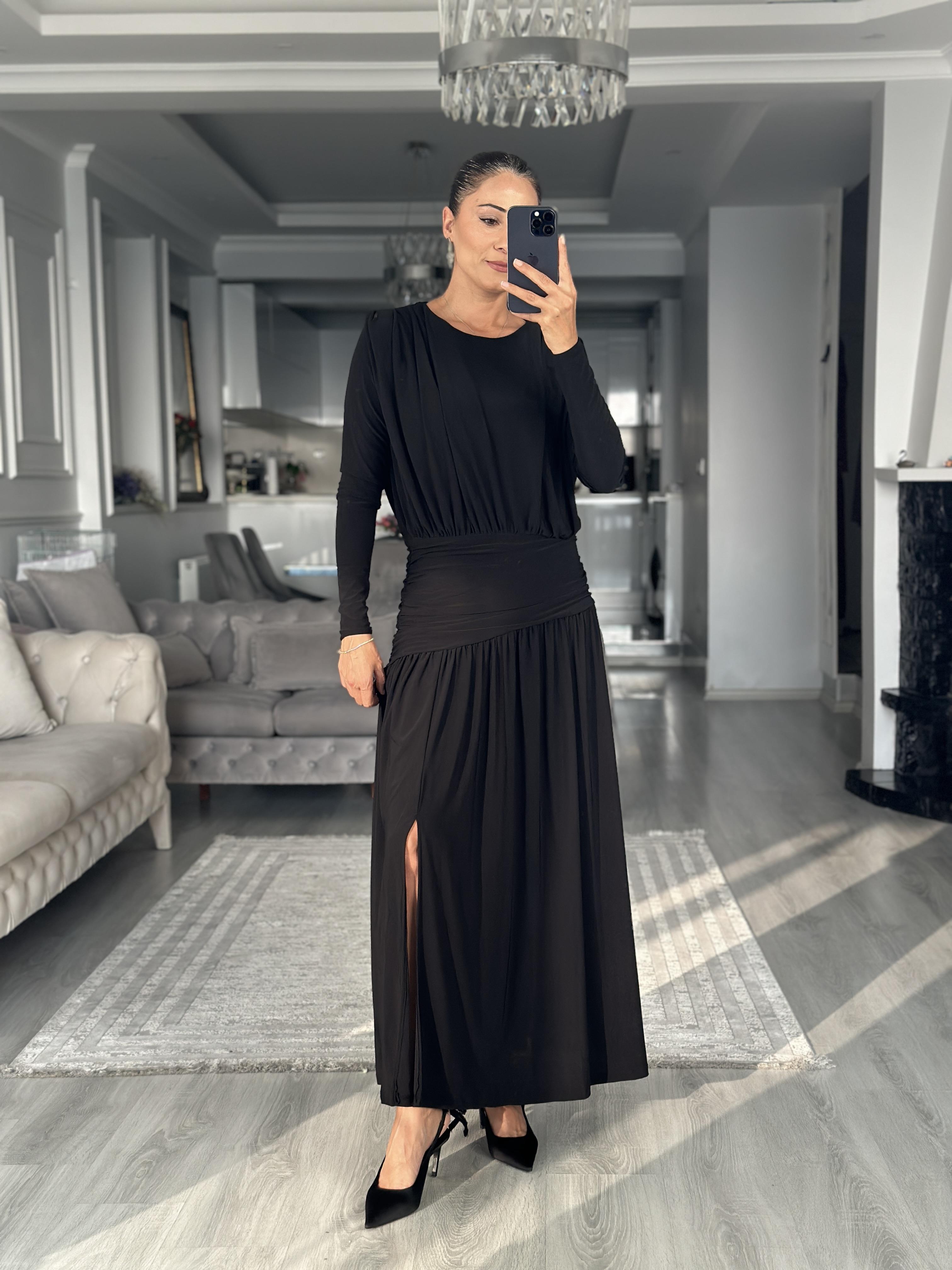 Siyah Korsajlı Sandy Kumaş Maksi Boy Kadın Elbise