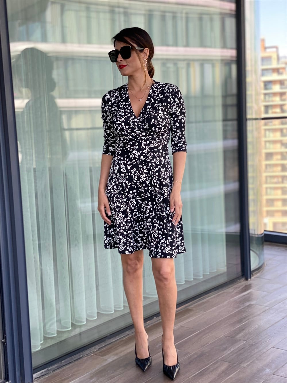 Siyah Kruvaze Bürümcük Elbise