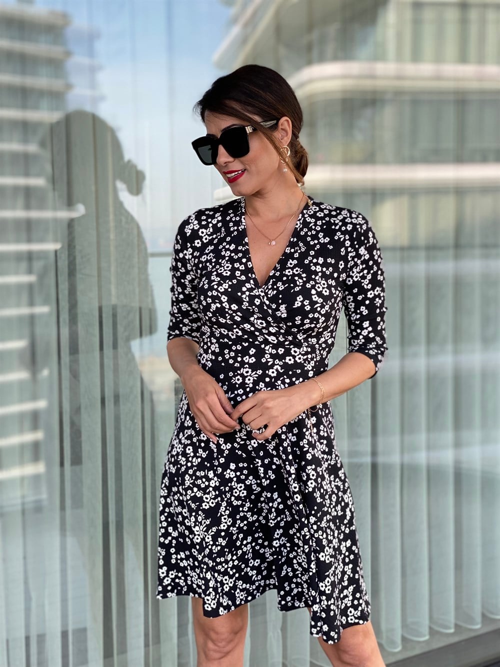 Siyah Kruvaze Bürümcük Elbise