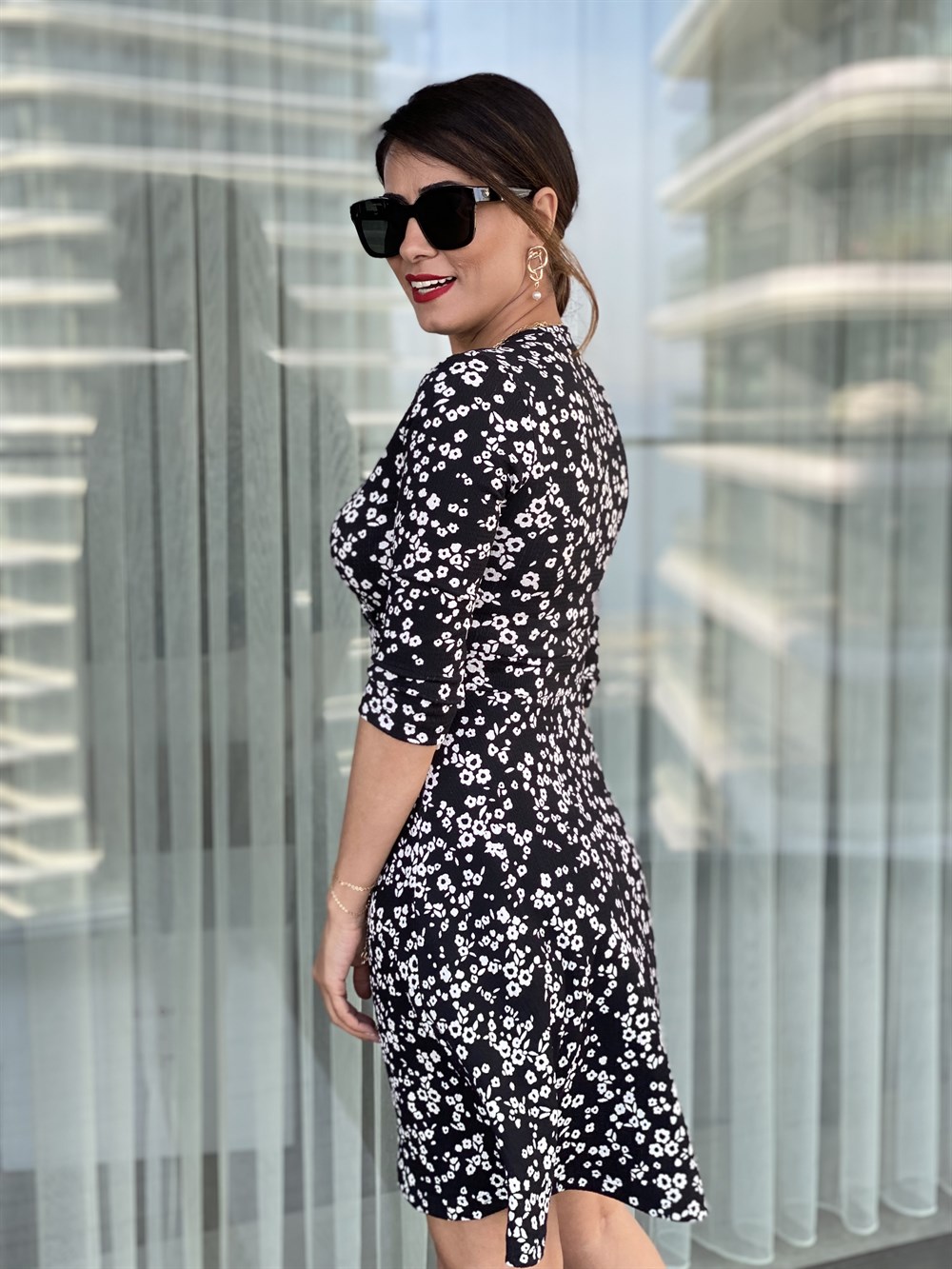 Siyah Kruvaze Bürümcük Elbise