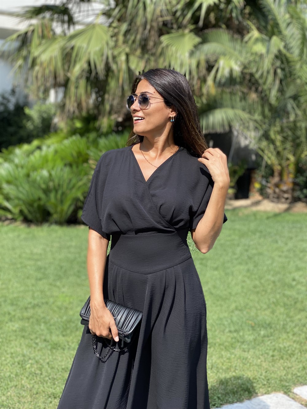 Siyah Kruvaze Yaka Yarasa Kol Aerobin Kadın Elbise 