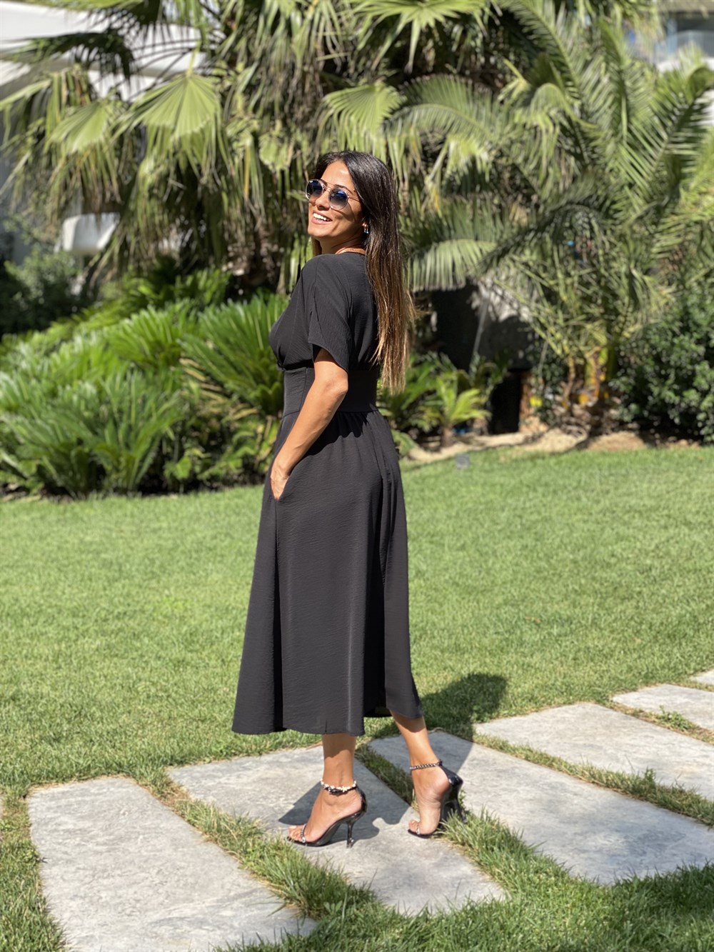 Siyah Kruvaze Yaka Yarasa Kol Aerobin Kadın Elbise 