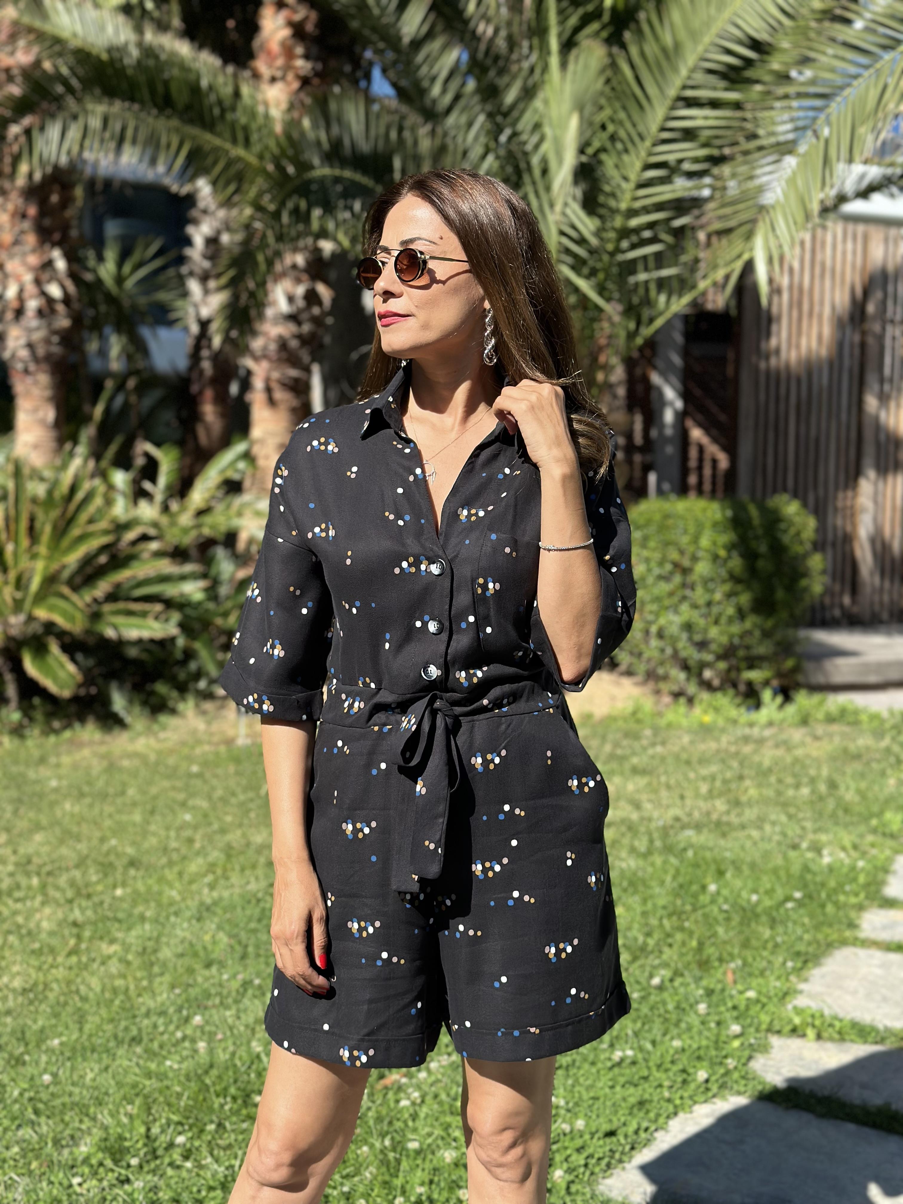 Siyah Küçük Pauntiyeli Gömlek Yaka Masimo Kadın Şort Tulum