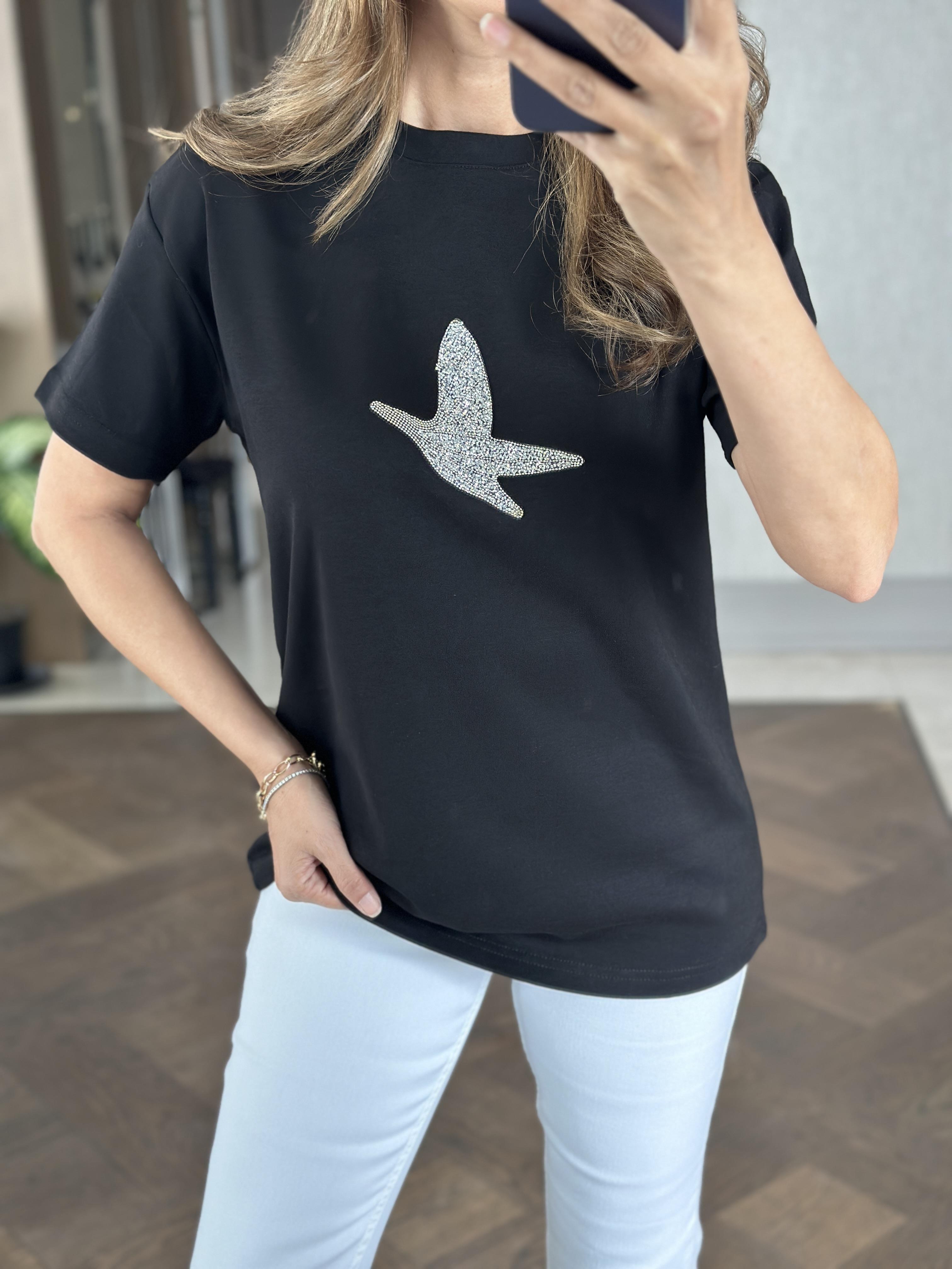 Siyah Kuş Taşlı Bisiklet Yaka Kısa Kol Kadın T-Shirt