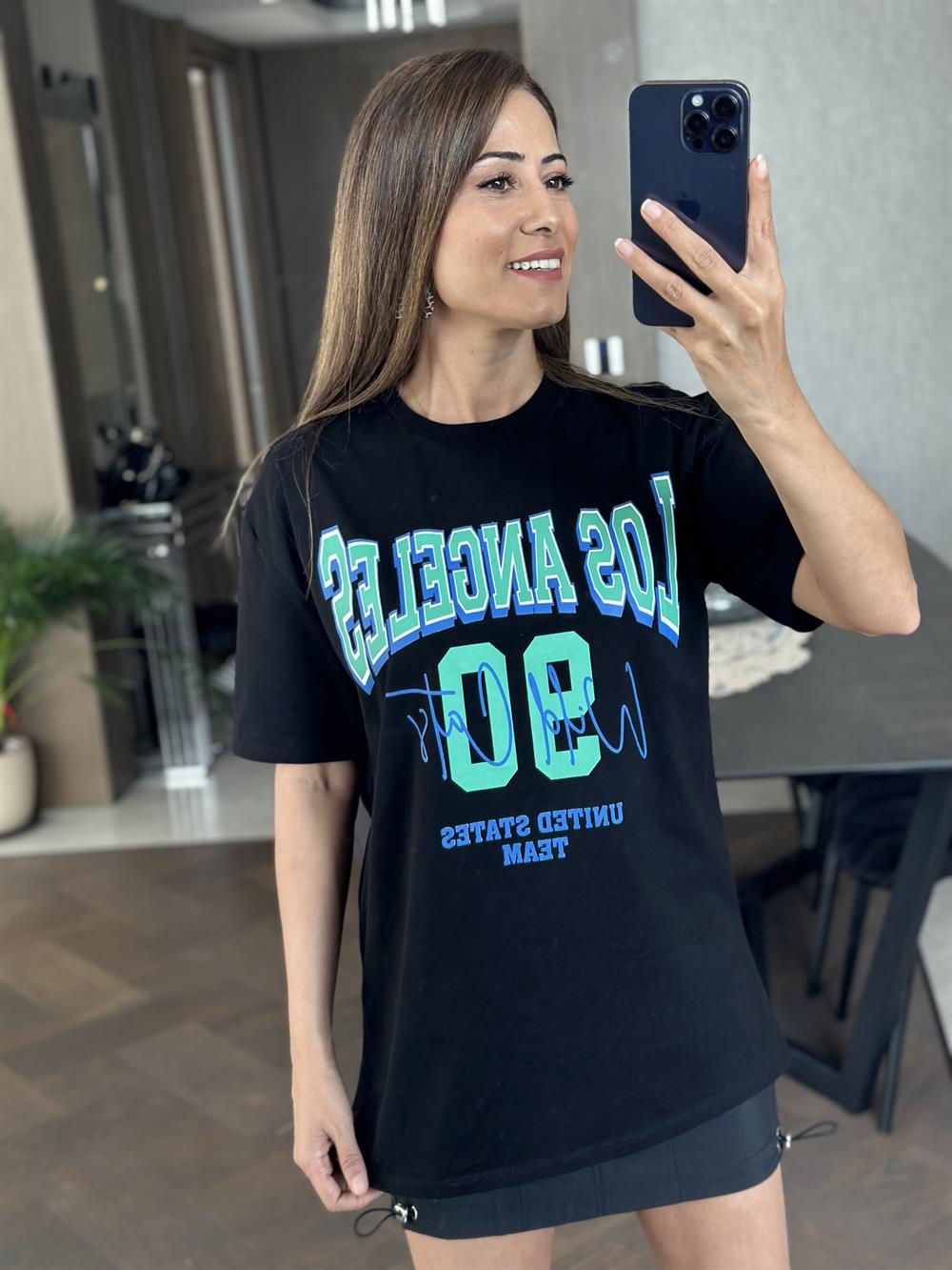 Siyah Los 90 Baskılı Bisiklet Yaka Kadın T-Shirt