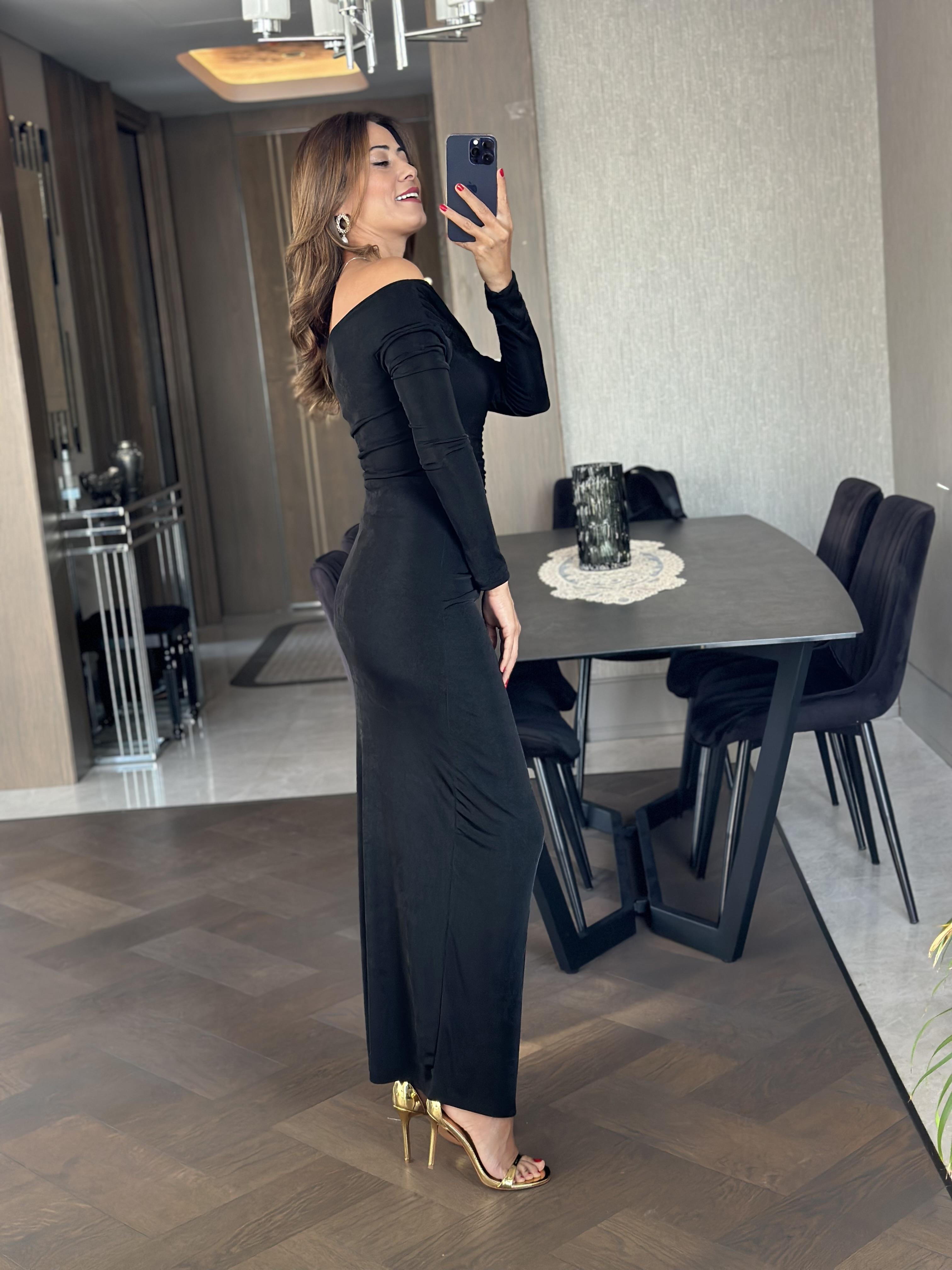 Siyah Madonna Yaka Önü Drapeli Buzzy Kadın Elbise 