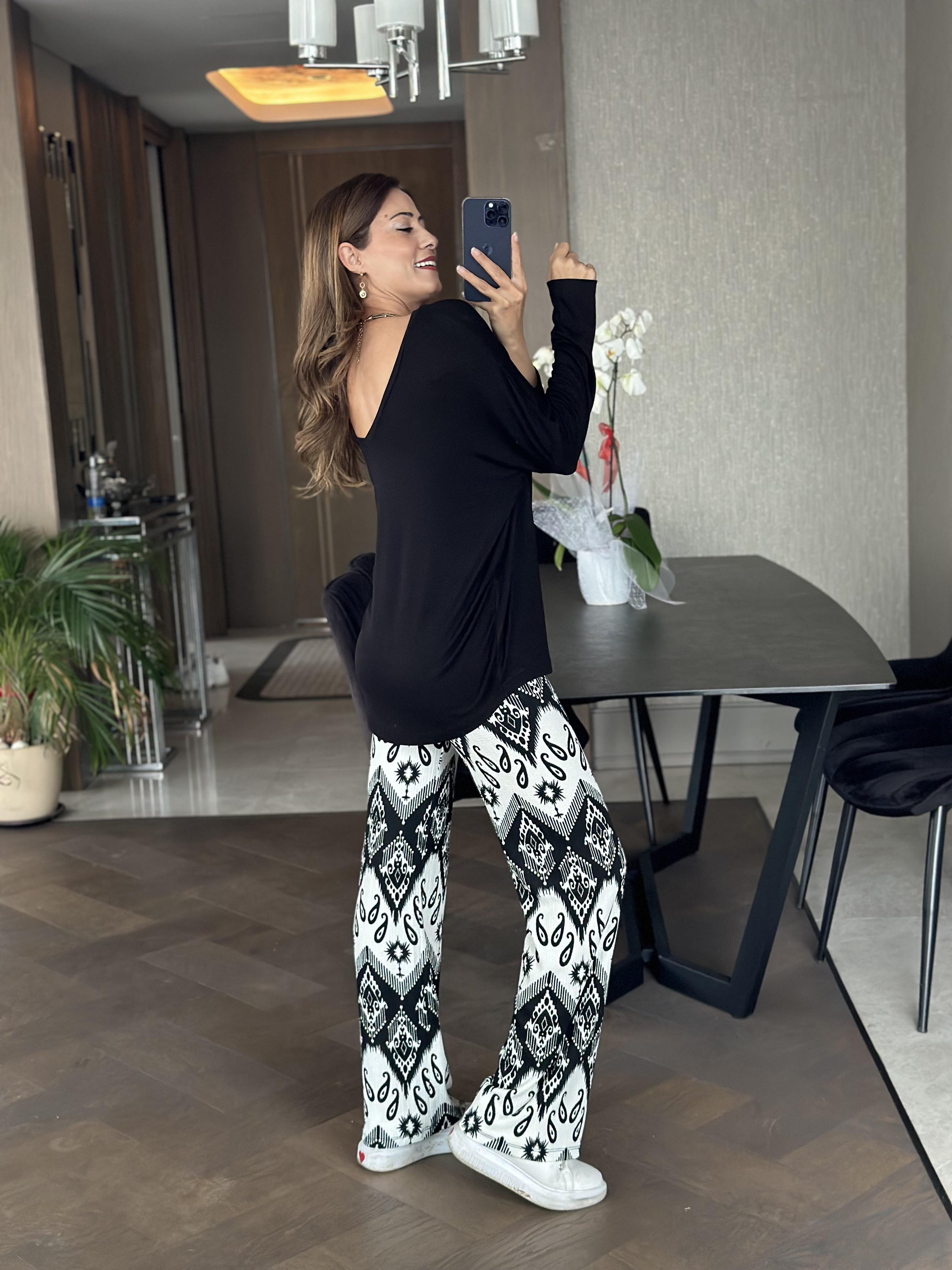 Siyah Ön Arka V Yaka Uzun Kol Kadın Bluz