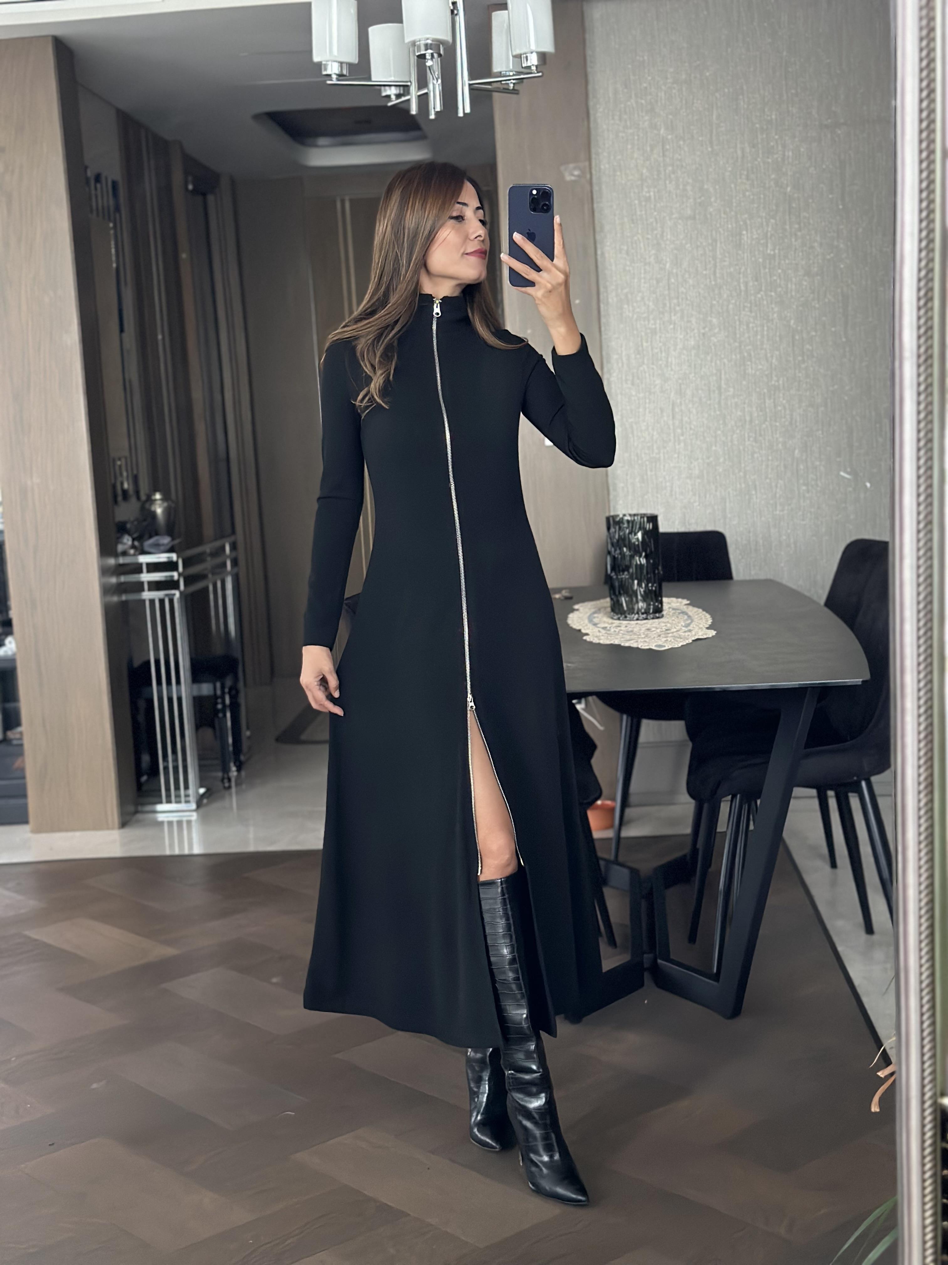 Siyah Önden Fermuarlı Maksi Boy Kadın Elbise