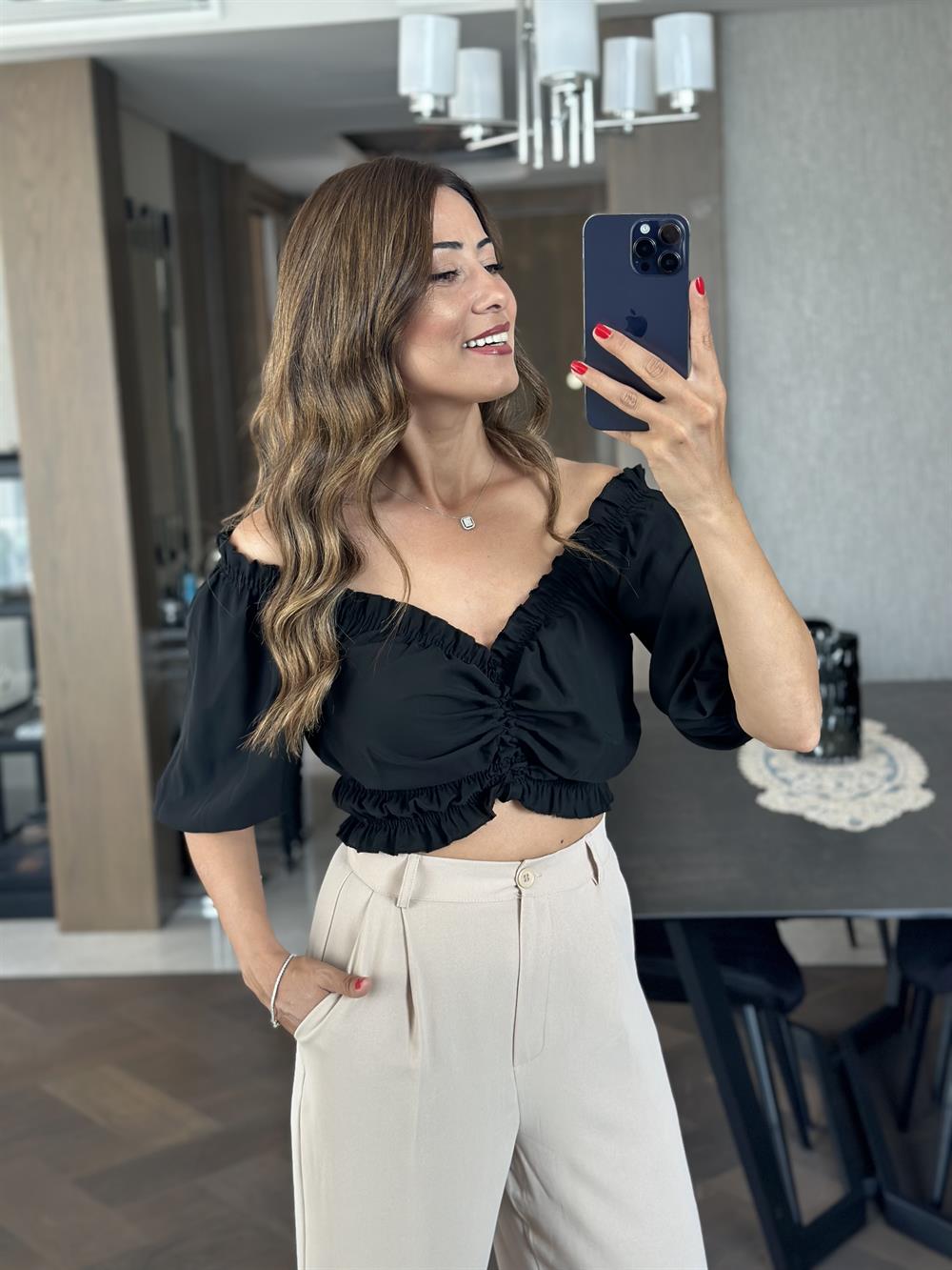 Siyah Önü Bağcıklı Jessica Şifon Kadın Bluz