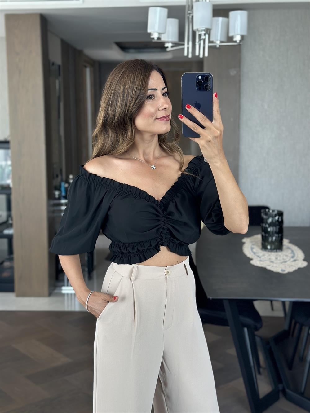 Siyah Önü Bağcıklı Jessica Şifon Kadın Bluz