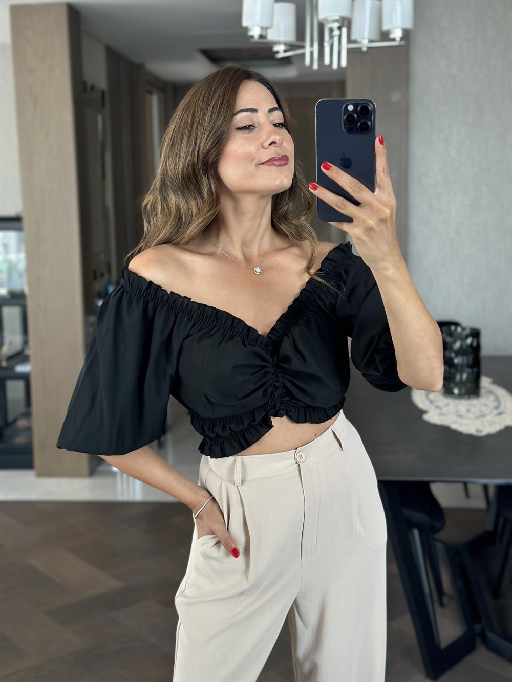 Siyah Önü Bağcıklı Jessica Şifon Kadın Bluz