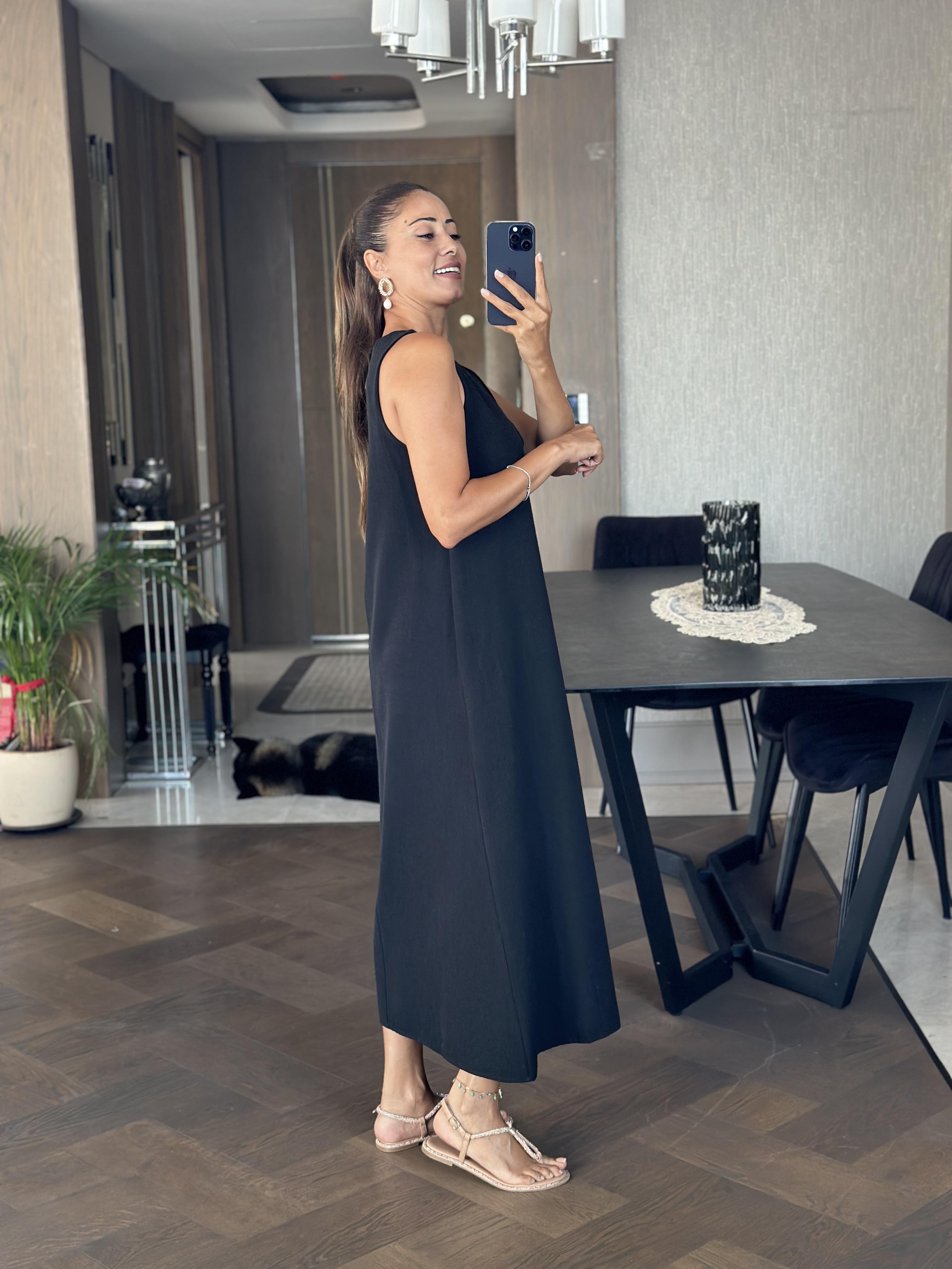 Siyah Önü V Yaka Sıfır Kol Kadın Keten Elbise 