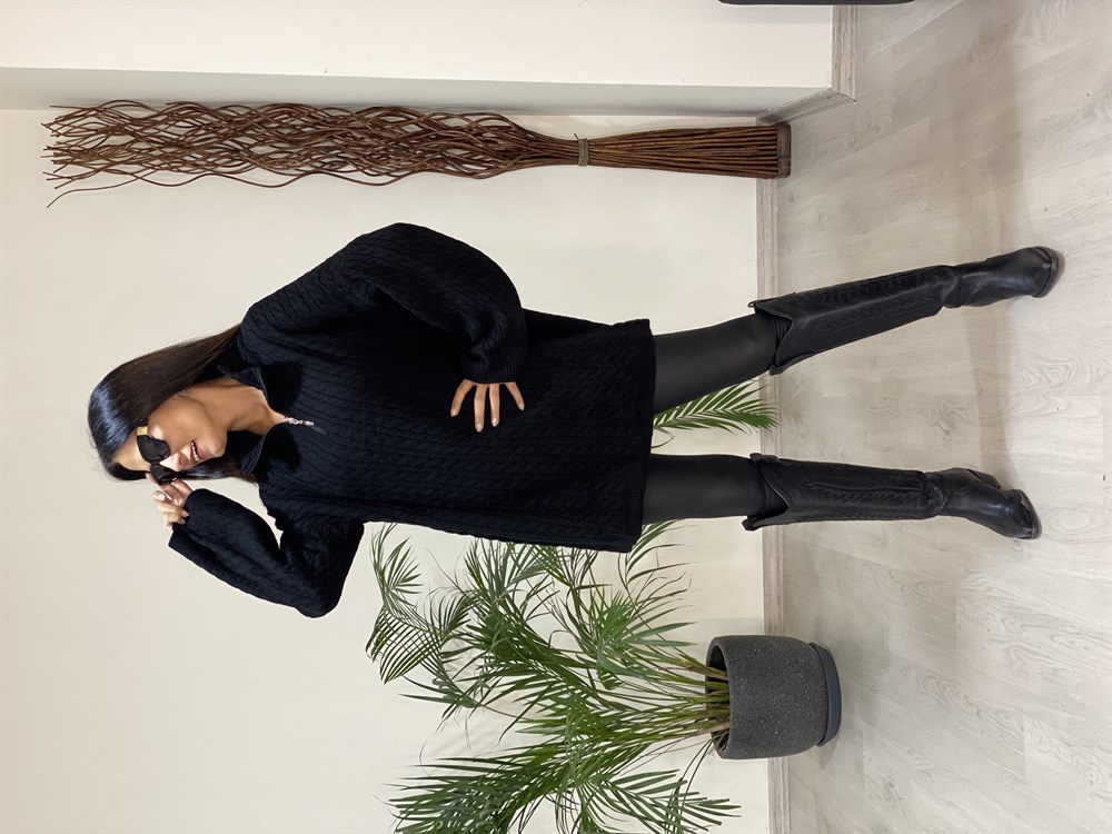 Siyah Örgü Oversize Fermuarlı Triko Kadın Kazak