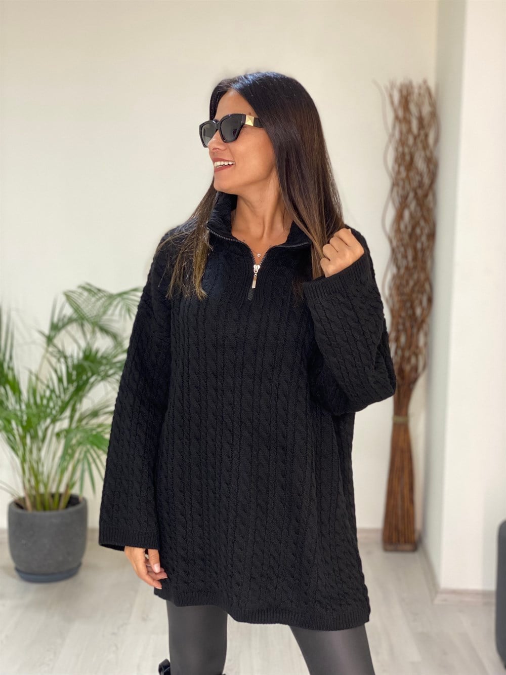 Siyah Örgü Oversize Fermuarlı Triko Kadın Kazak