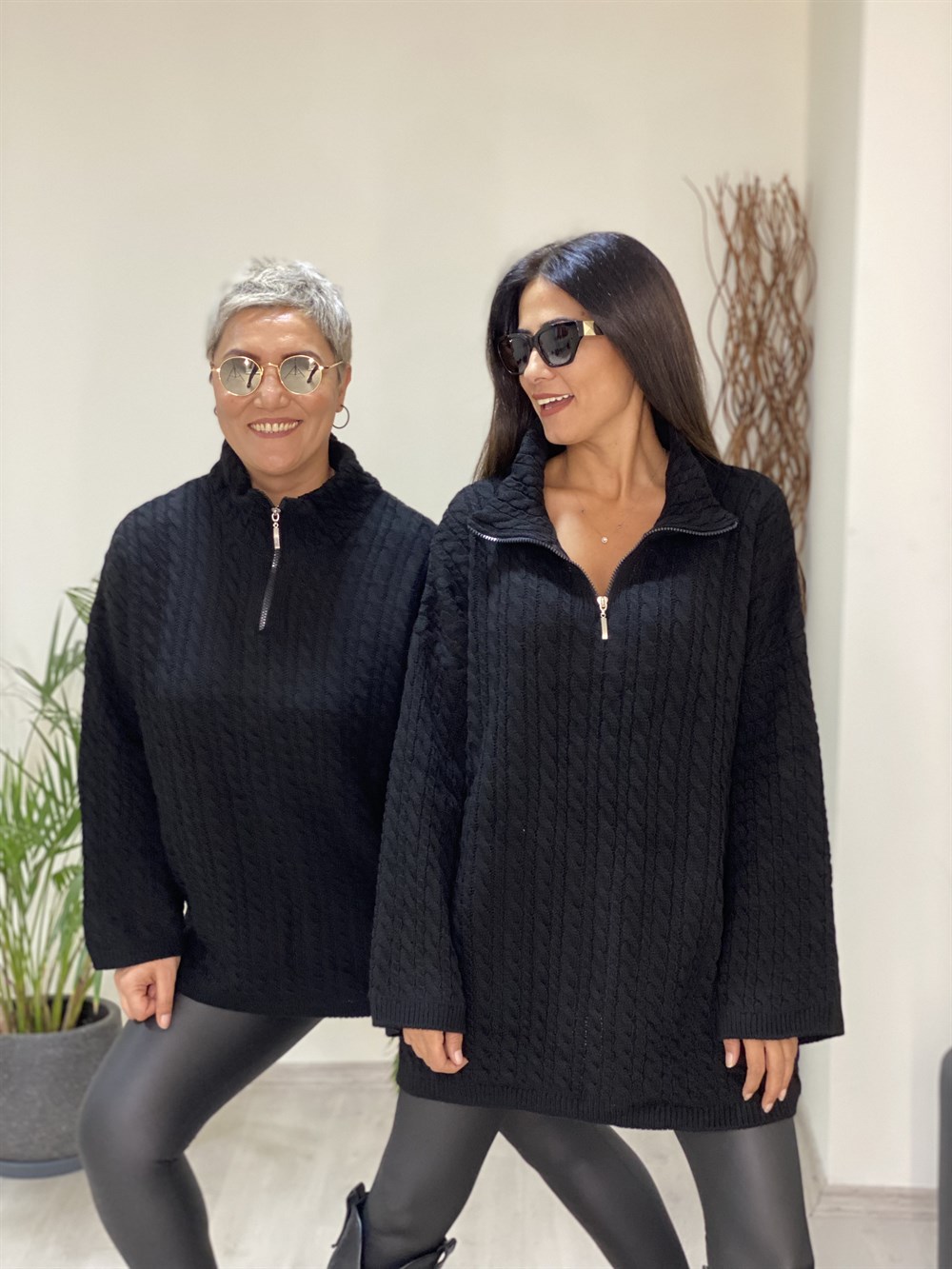 Siyah Örgü Oversize Fermuarlı Triko Kadın Kazak