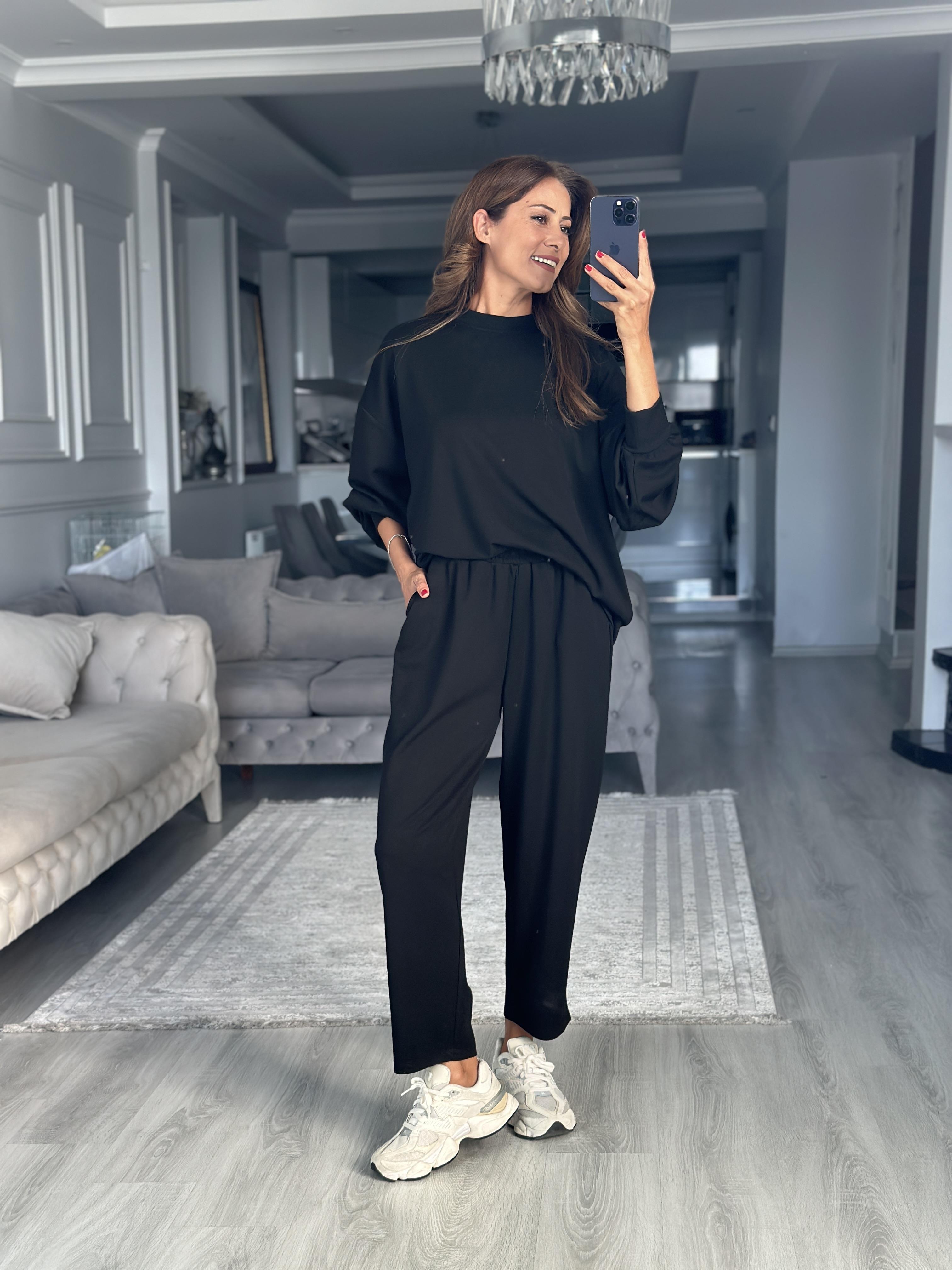 Siyah Oversize Bisiklet Yaka Sweatshirt Pantolon Kadın Alt Üst Takım