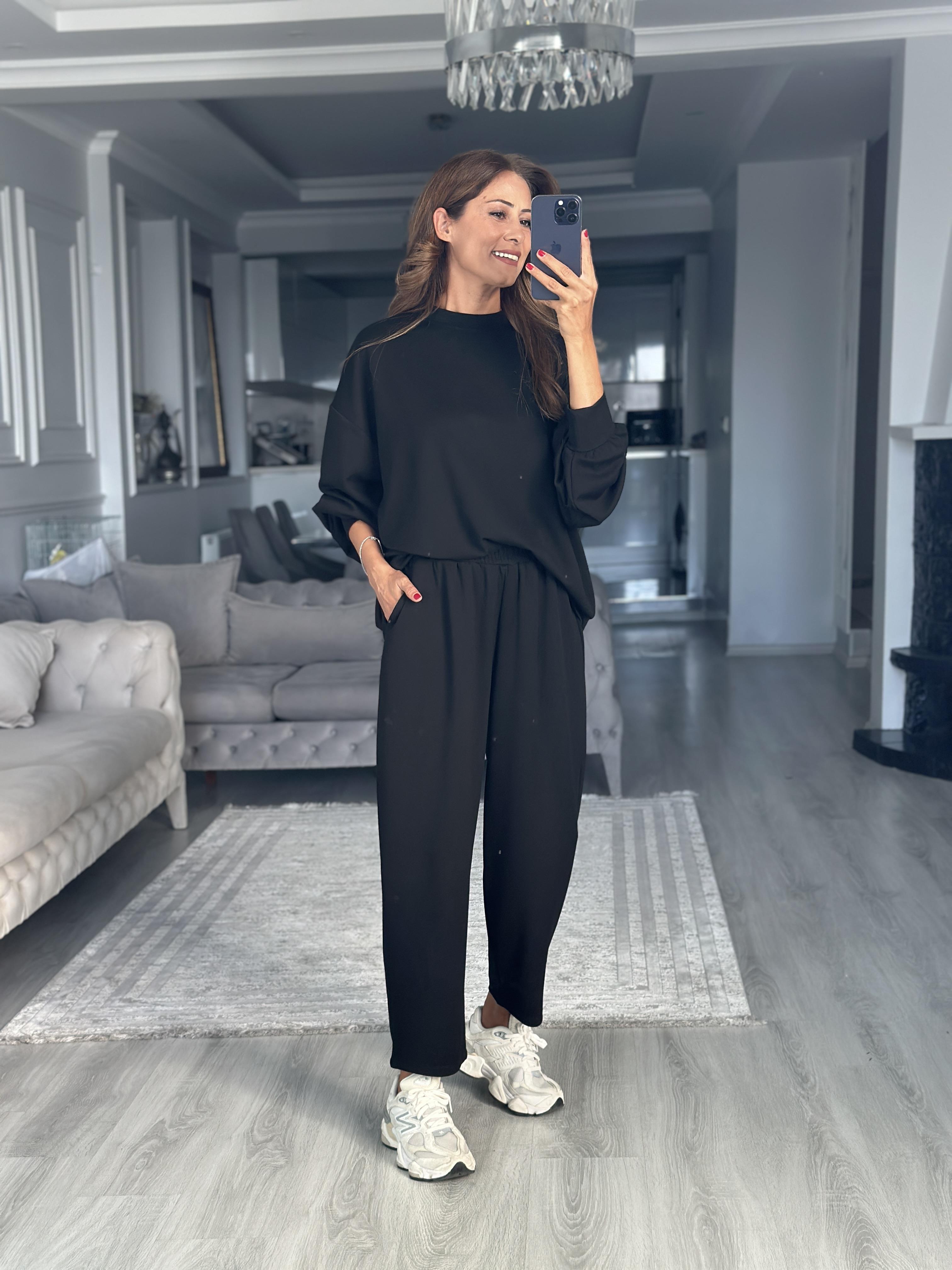 Siyah Oversize Bisiklet Yaka Sweatshirt Pantolon Kadın Alt Üst Takım
