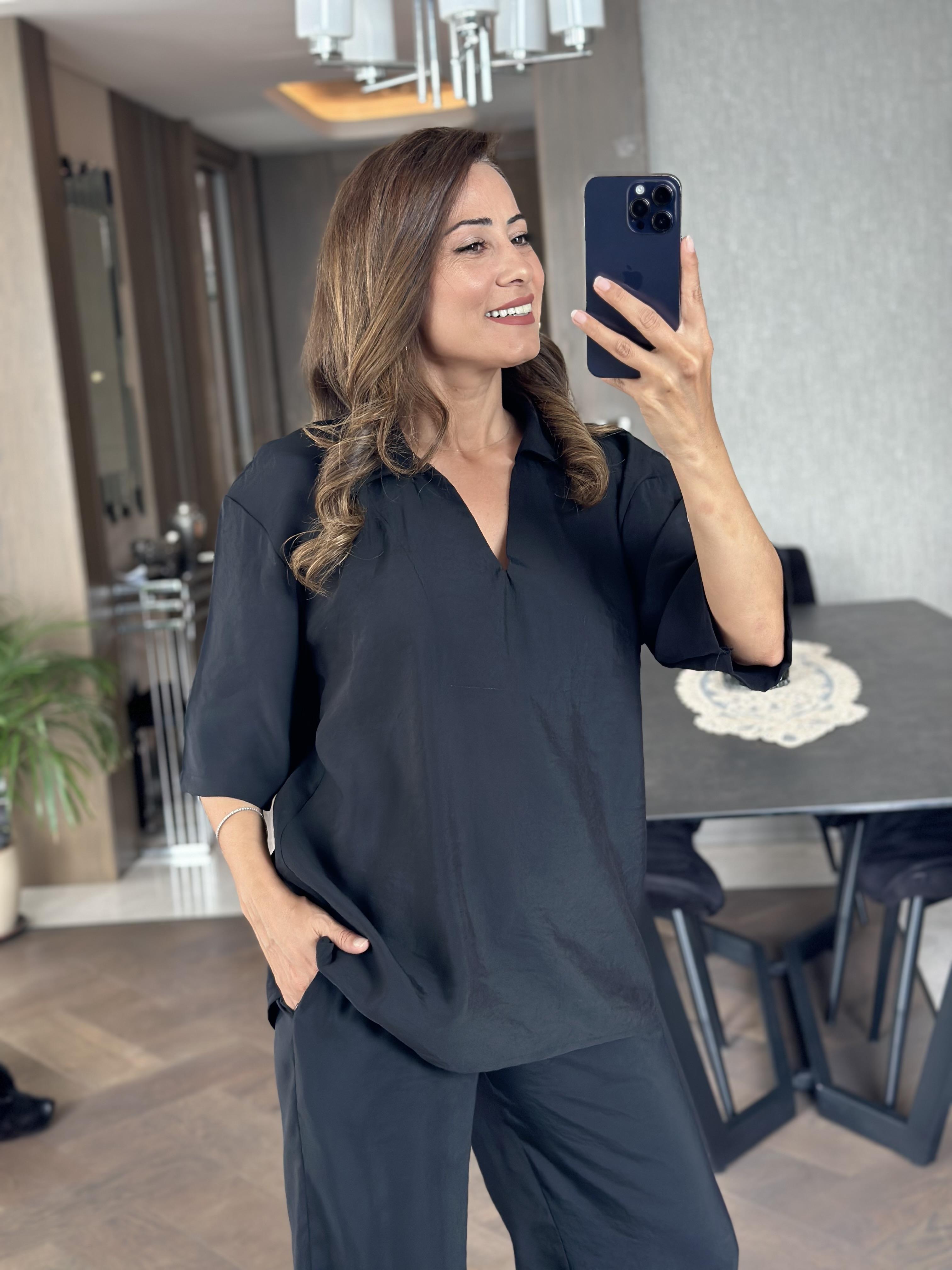 Siyah Oversize Kısa Kol Gömlek Yaka Tnsel İkili Kadın İkili Takım