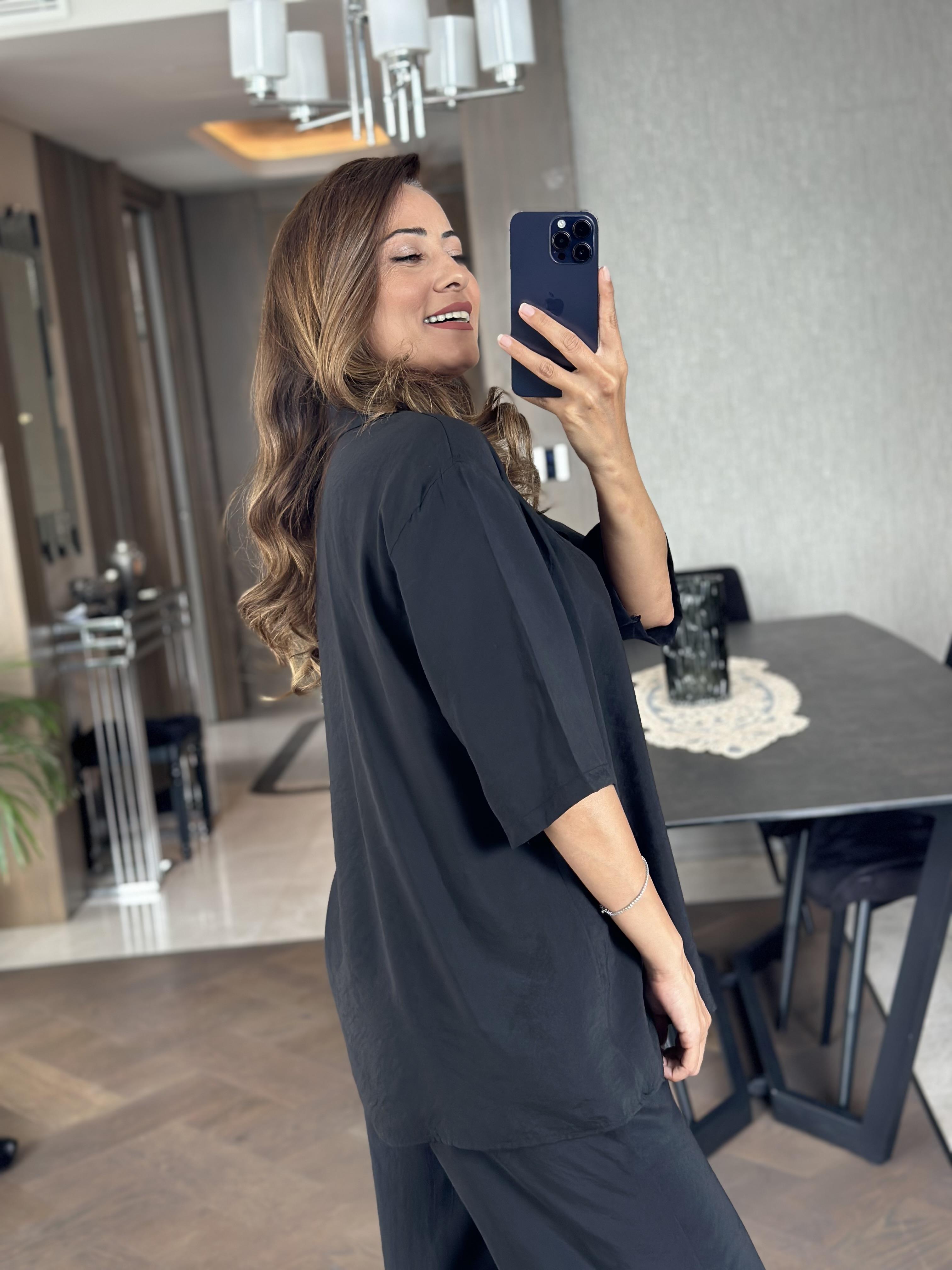 Siyah Oversize Kısa Kol Gömlek Yaka Tnsel İkili Kadın İkili Takım