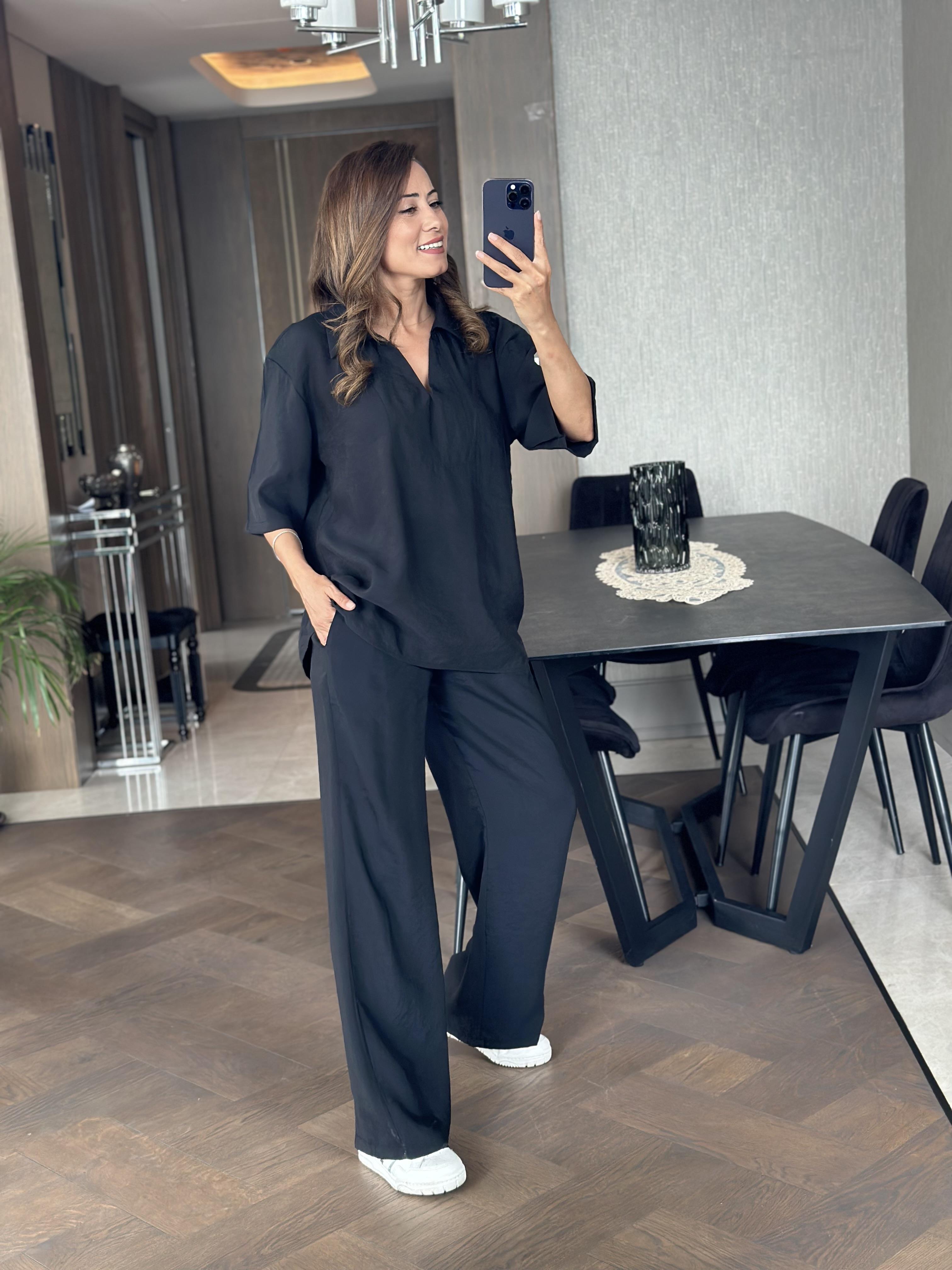 Siyah Oversize Kısa Kol Gömlek Yaka Tnsel İkili Kadın İkili Takım