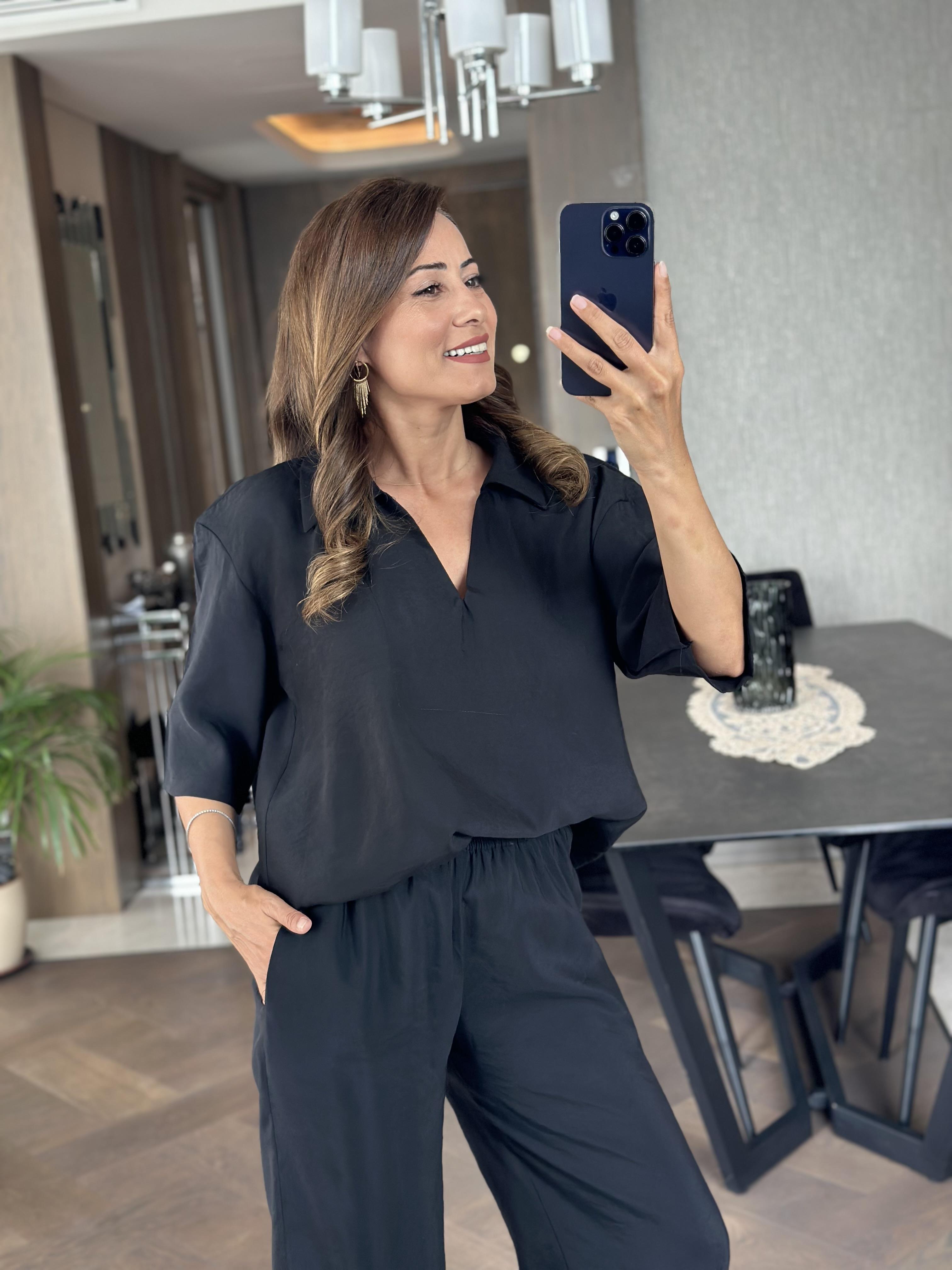 Siyah Oversize Kısa Kol Gömlek Yaka Tnsel İkili Kadın İkili Takım