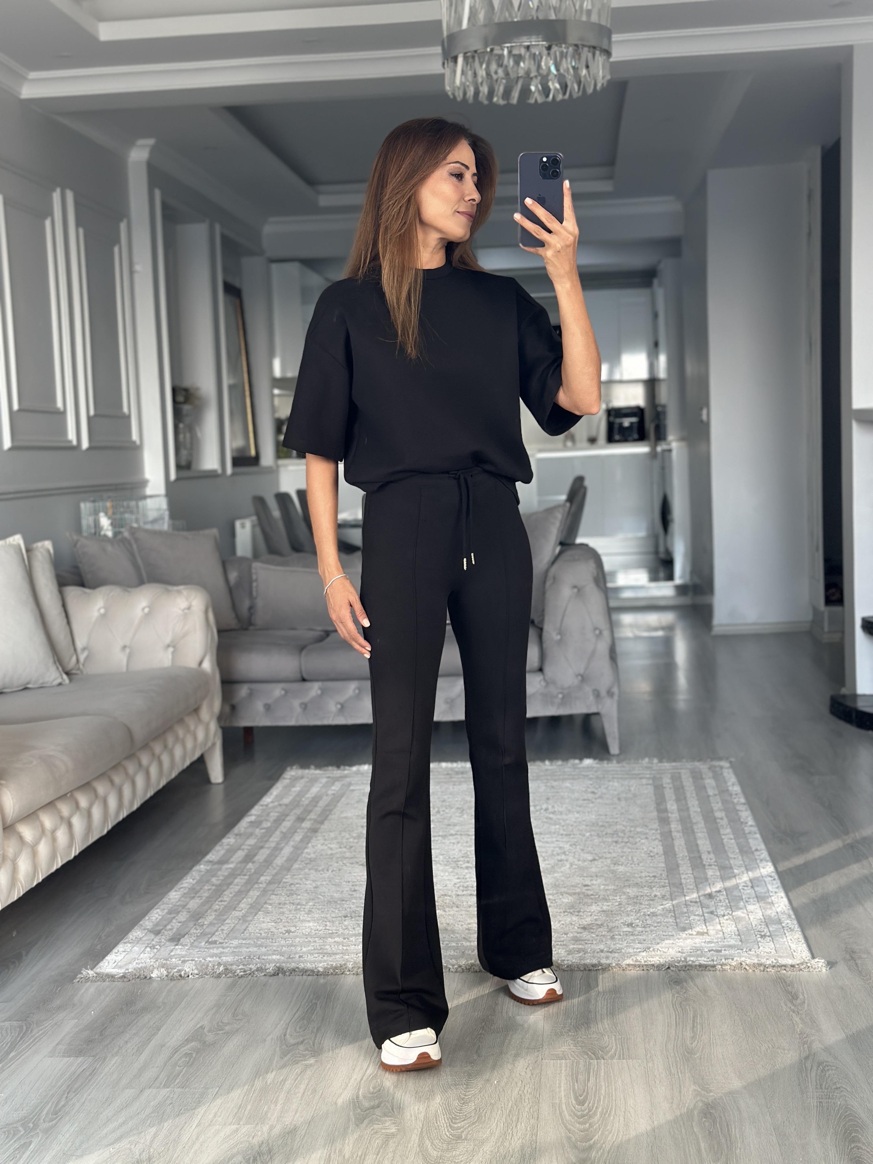 Siyah Oversize T-shirt Cepsiz Pantolon İnterlok Kadın İkili Takım