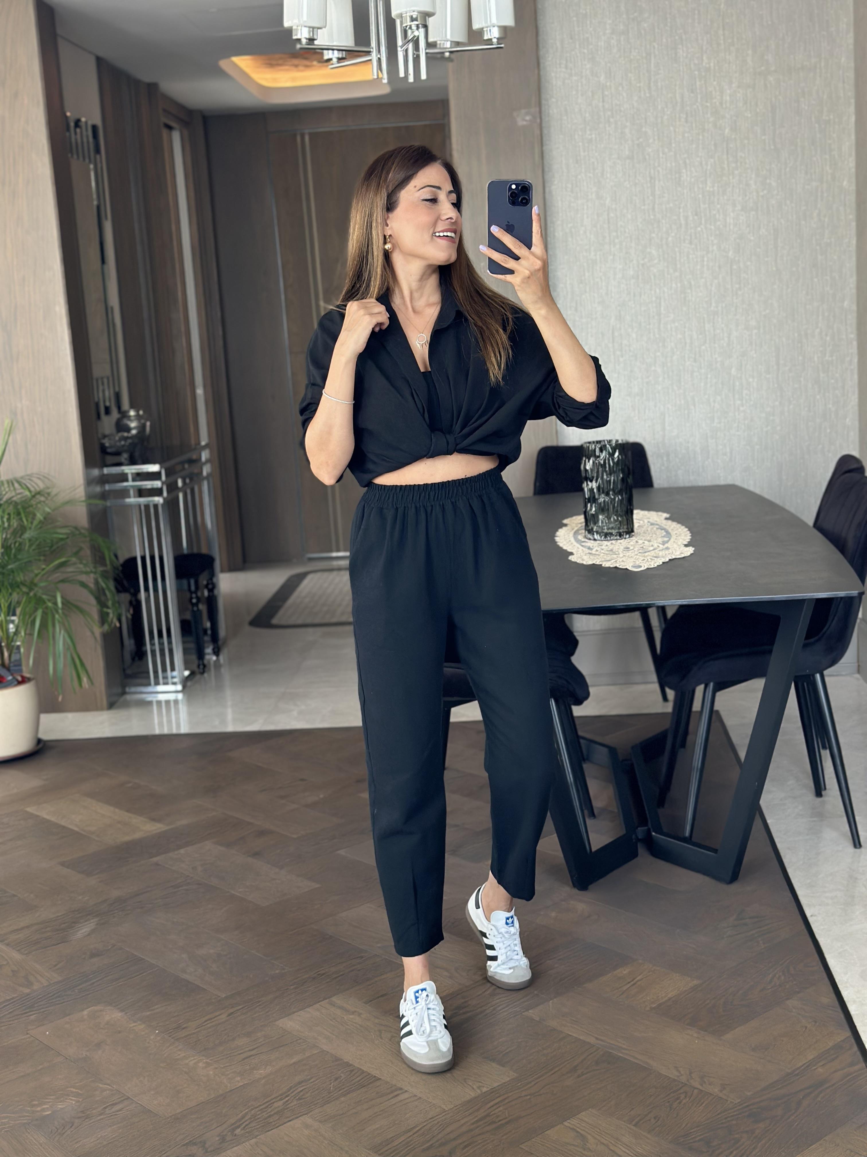 Siyah Paçası Dikiş Detay Beli Lastikli Cepli Keten Kadın Pantolon