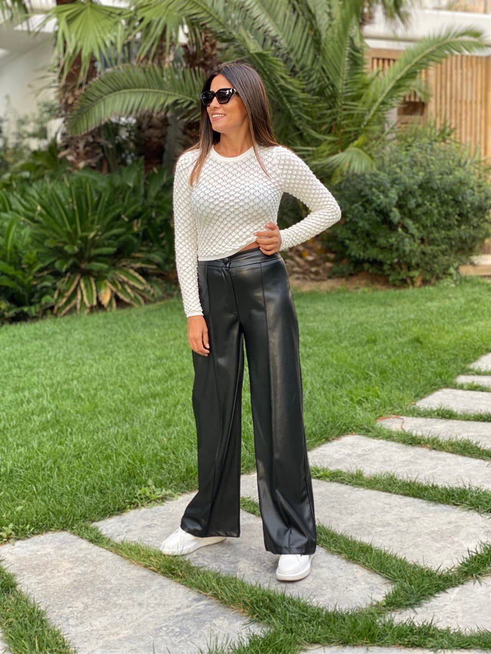 Siyah Palazzo Deri Kadın Pantolon