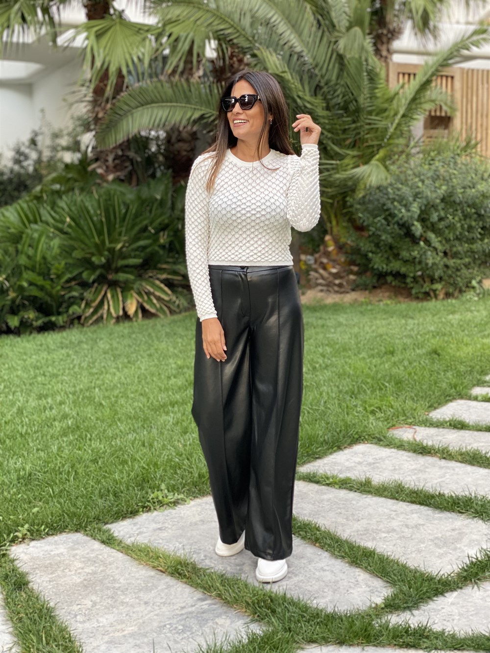 Siyah Palazzo Deri Kadın Pantolon