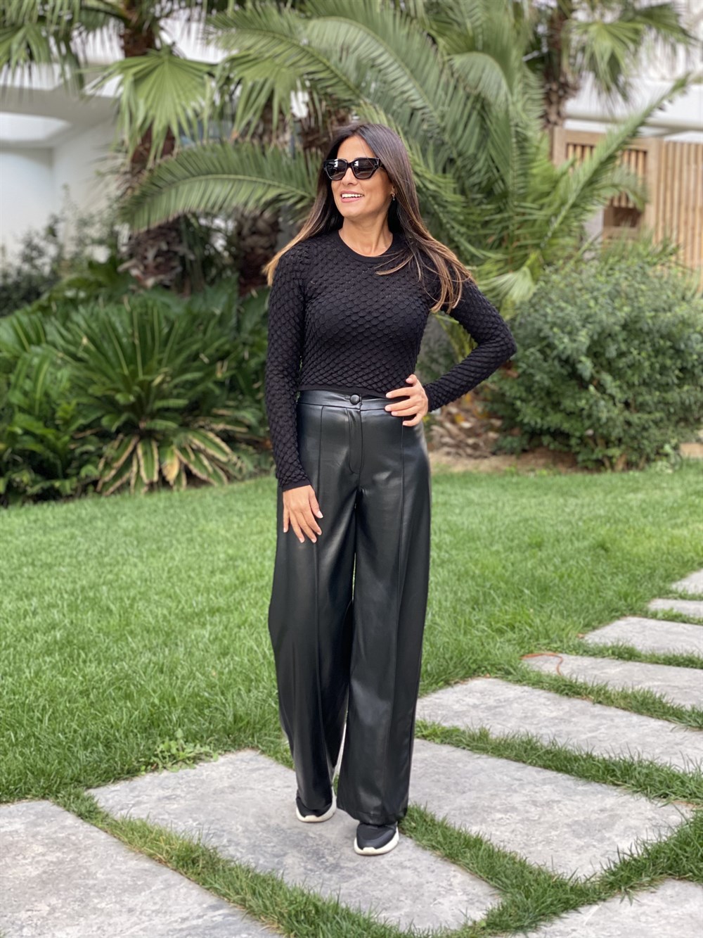Siyah Palazzo Deri Kadın Pantolon