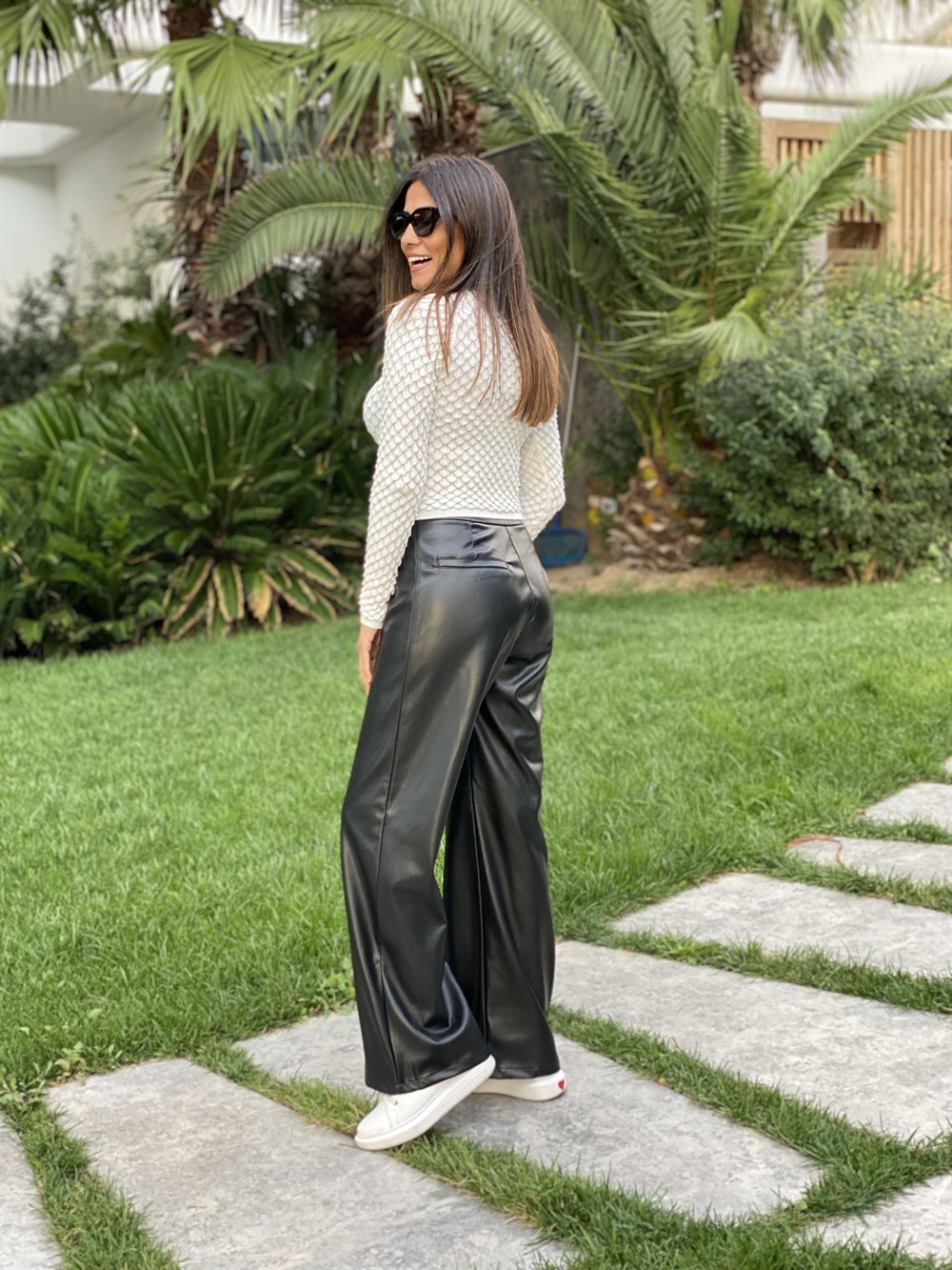 Siyah Palazzo Deri Kadın Pantolon