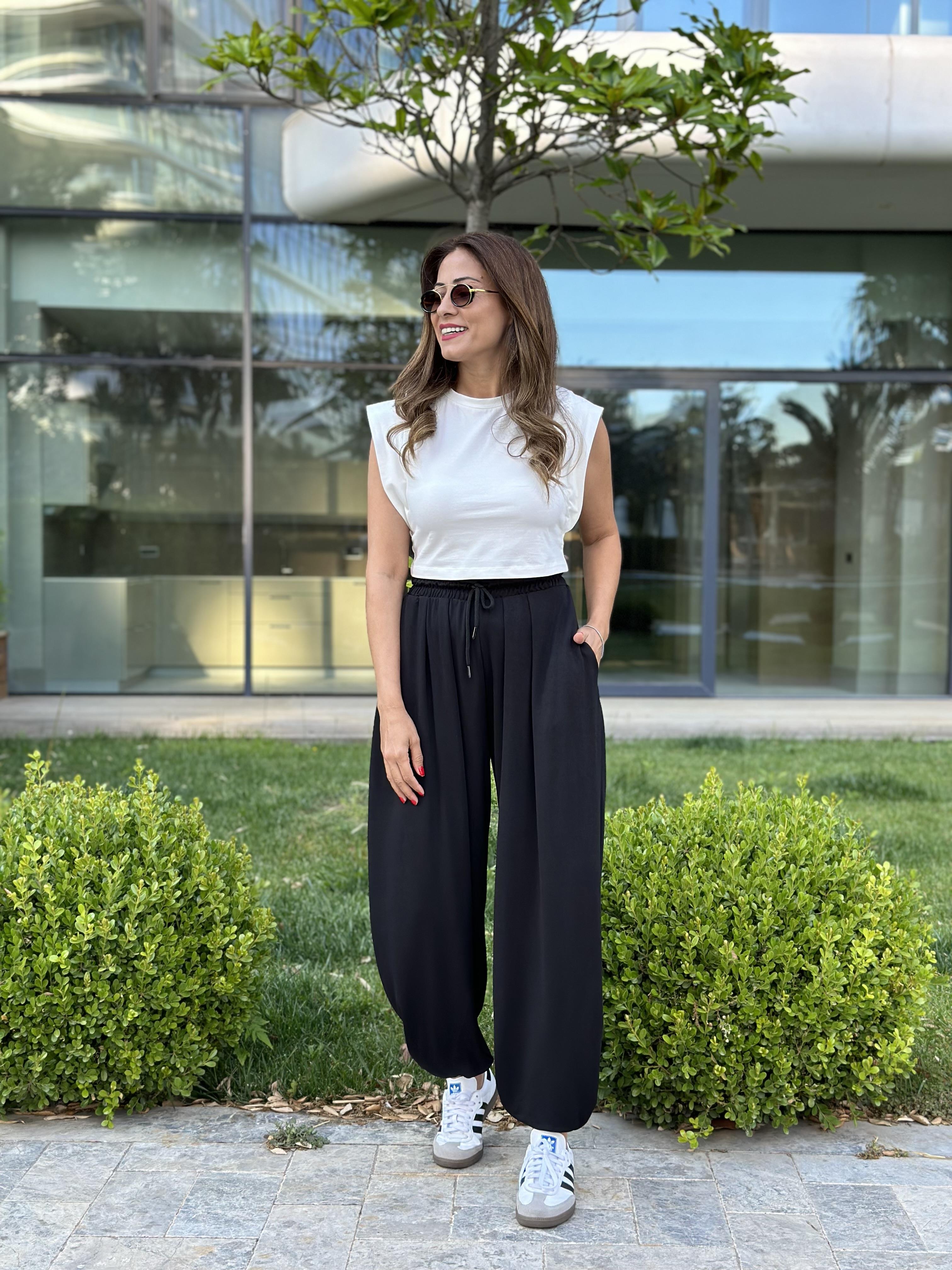 Siyah Pileli Bağcıklı Kadın Şalvar  Pantolon
