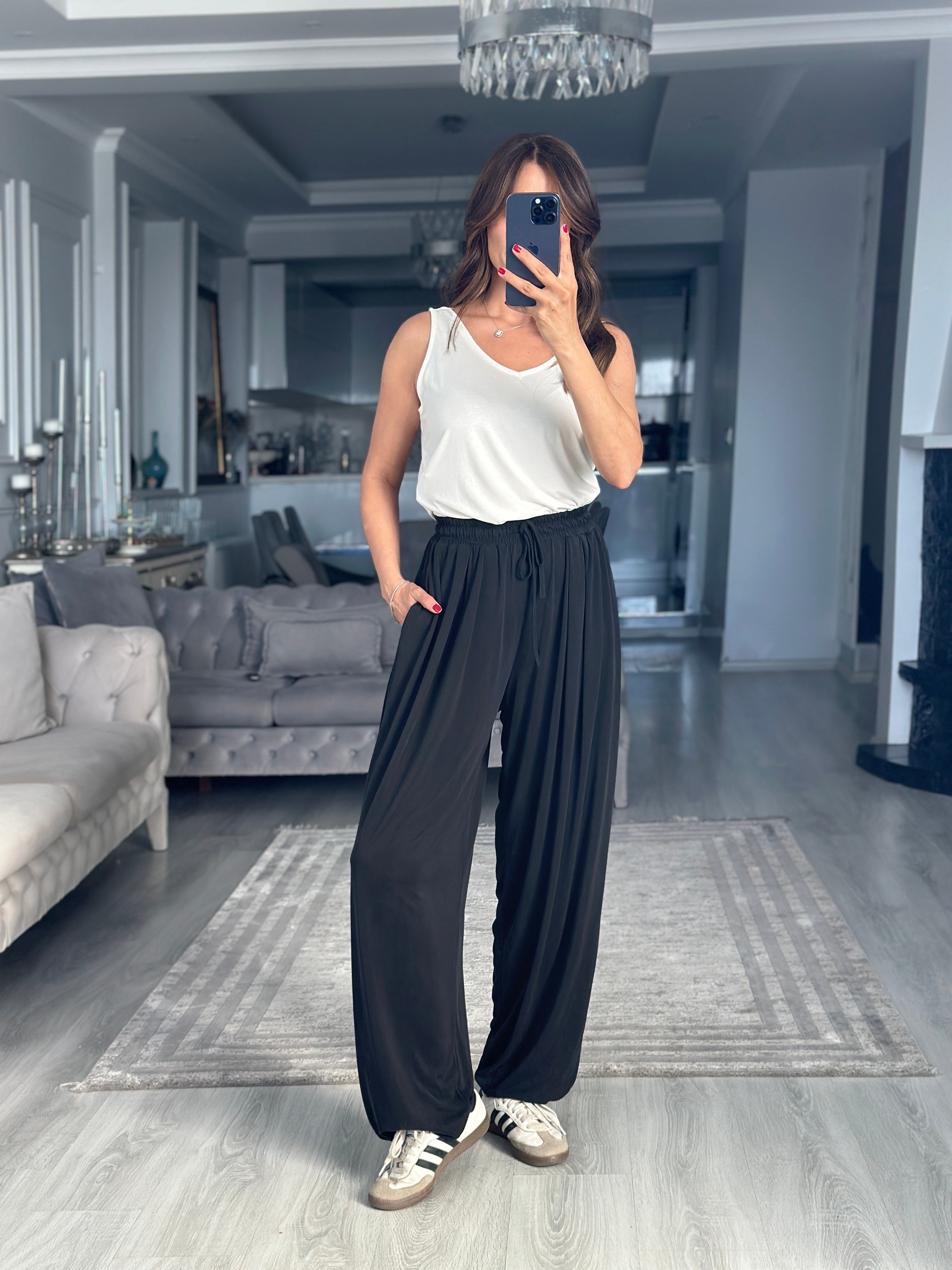 Siyah Pileli Bağcıklı Modal Kadın Şalvar Pantolon