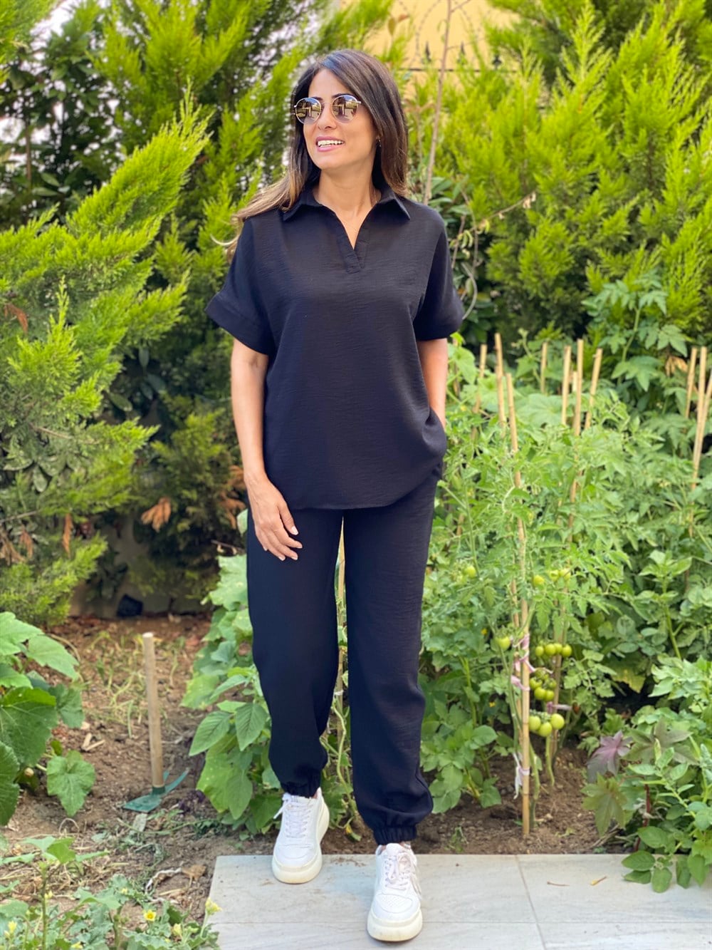 Siyah Polo Yaka Aerobin Kadın İkili Takım