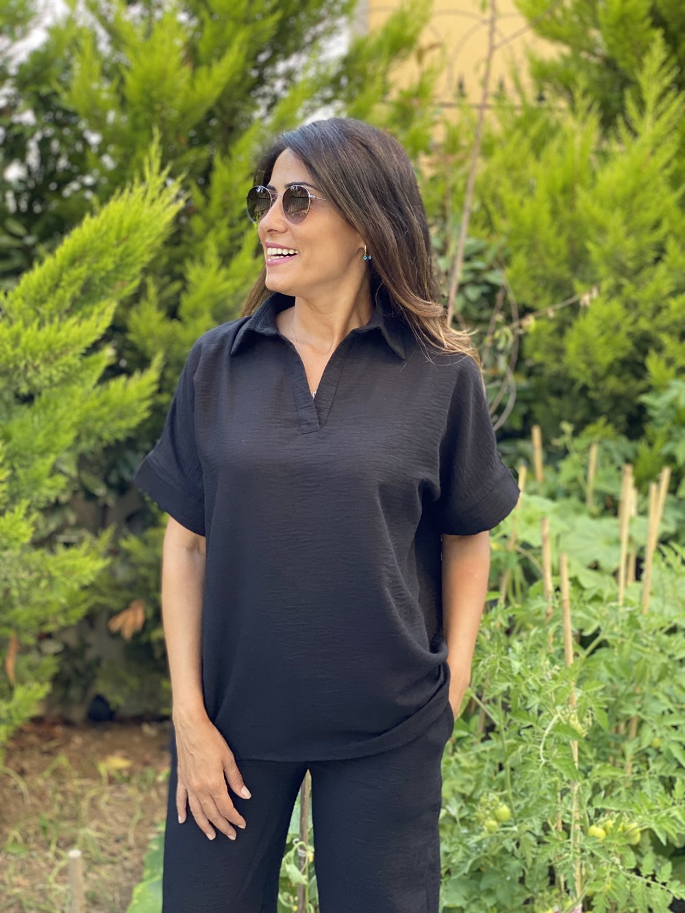 Siyah Polo Yaka Aerobin Kadın İkili Takım