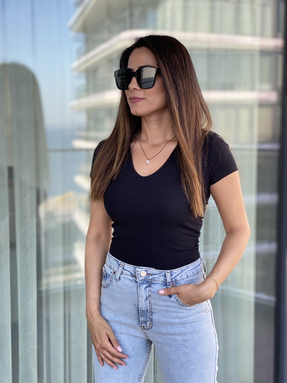 Siyah  Polo Yaka Kısa Kol Fitilli Body 