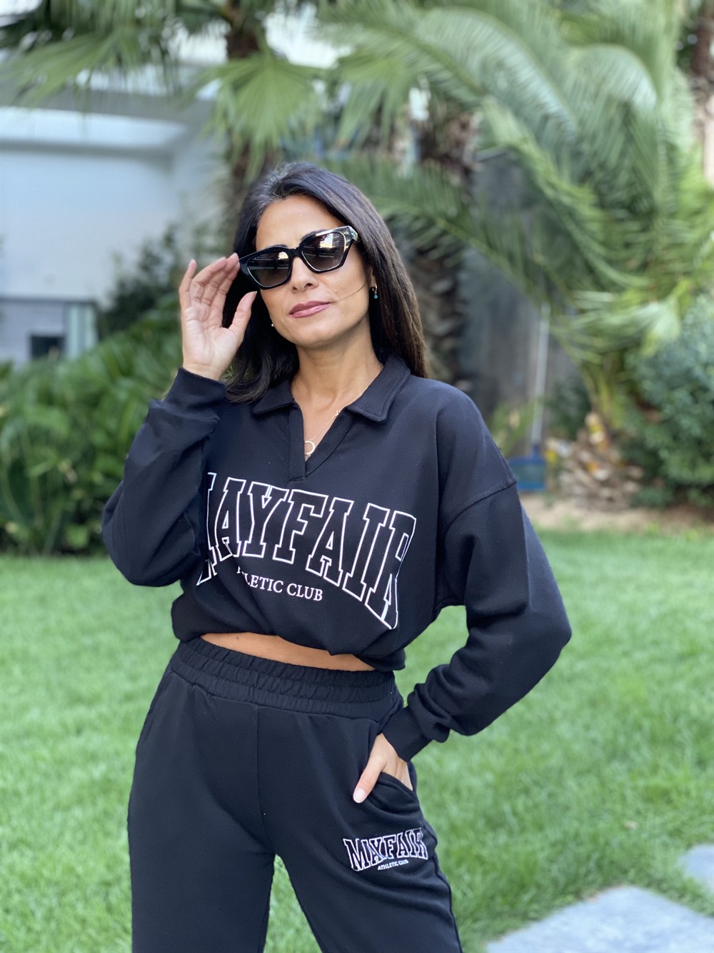 Siyah Polo Yaka Mayfair Baskılı Kadın Eşofman Takımı