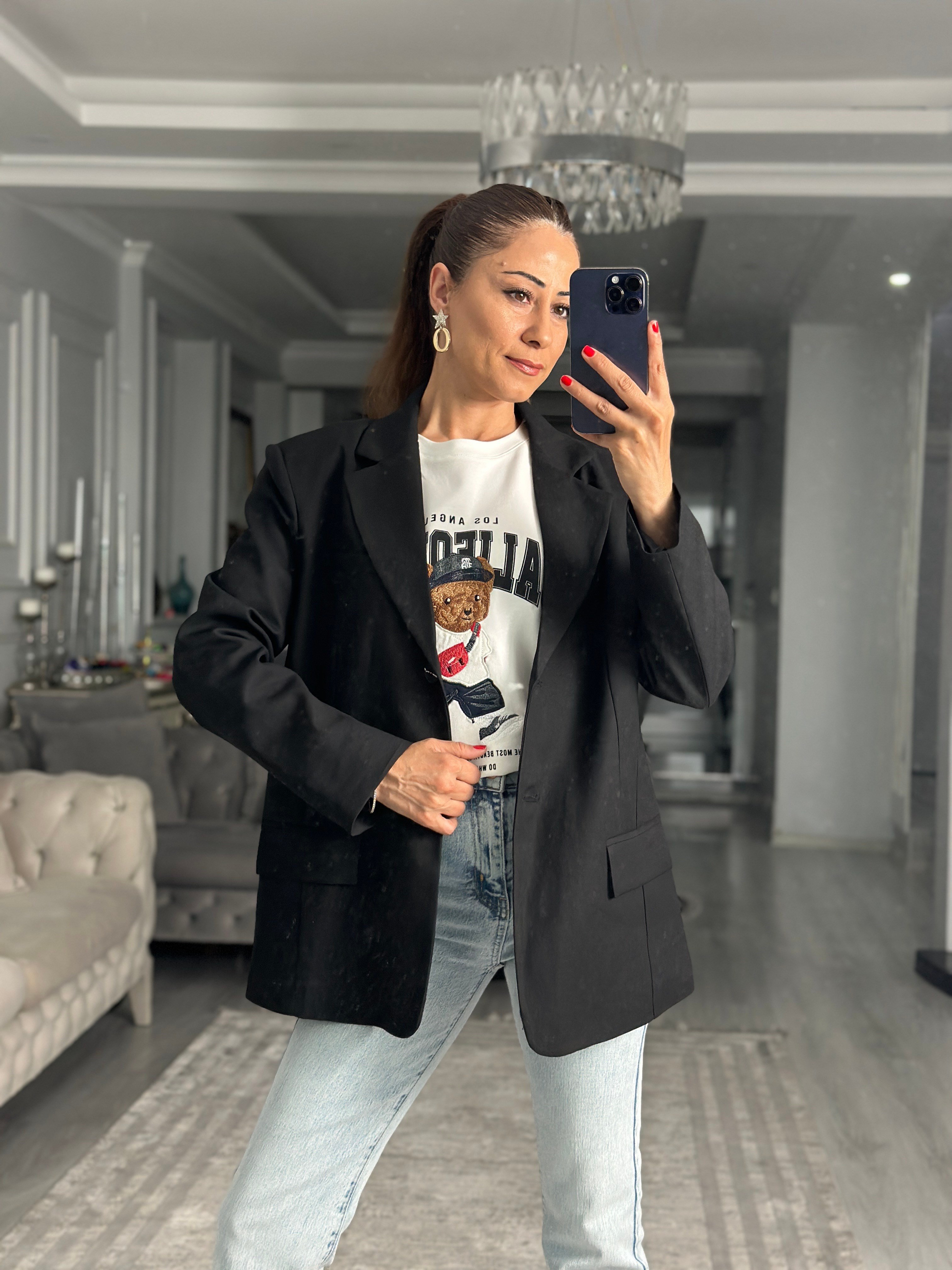 Siyah Premium Blazer Düğmeli Kadın Ceket