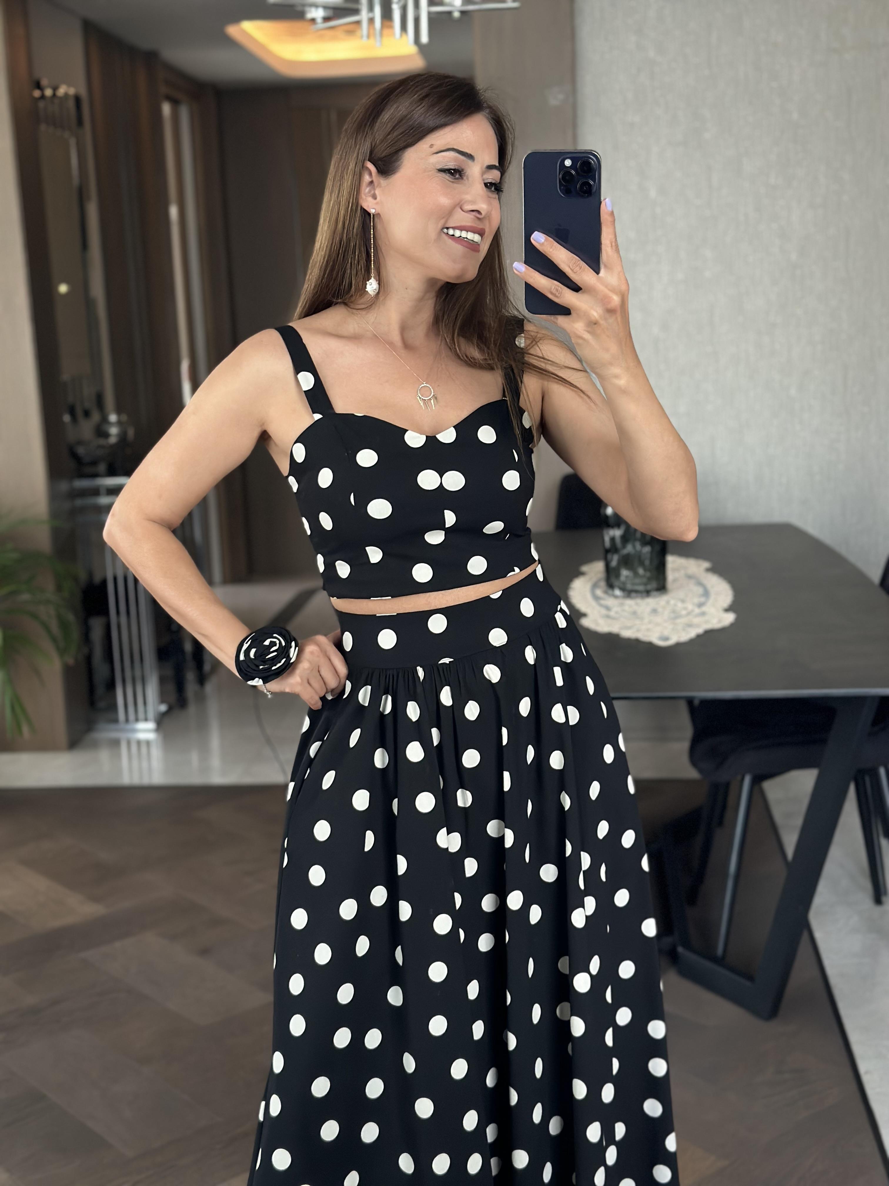 Siyah Puantiyeli Crop Bluz Etek Kadın İkili Takım
